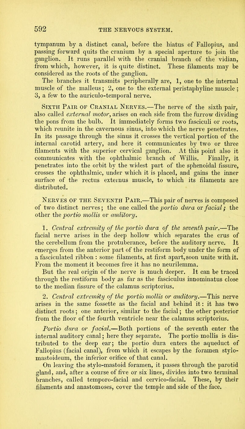 tympanum by a distinct canal, before the hiatus of Fallopius, and passing forward quits the cranium by a special aperture to join the ganglion. It runs parallel with the cranial branch of the vidian, from which, howevei', it is quite distinct. These filaments may be considered as the roots of the ganglion. The branches it transmits peripherally are, 1, one to the internal muscle of the malleus; 2, one to the external peristaphyline muscle ; 3, a few to the auriculo-temporal nerve. Sixth Pair of Cranial Nerves.—The nerve of the sixth pair, also called external motor, arises on each side from the furrow dividing the pons from the bulb. It immediately forms two fasciculi or roots, which reunite in the cavernous sinus, into which the nerve penetrates. In its passage through the sinus it crosses the vertical portion of the internal carotid artery, and here it communicates by two or three filaments with the superior cervical ganglion. At this point also it communicates with the ophthalmic branch of Willis. Finally, it penetrates into the orbit by the widest part of the sphenoidal fissure, crosses the ophthalmic, under which it is placed, and gains the inner surface of the rectus externus muscle, to which its filaments are distributed. Nerves of the Seventh Pair.—This pair of nerves is composed of two distinct nerves; the one called the portio dura or facial; the other the portio mollis or auditory. 1. Central extremity of the portio dura of the seventh pair.—The facial nerve arises in the deep hollow which separates the crus of the cerebellum from the protuberance, before the auditory nerve. It emerges from the anterior part of the restiform body under the form of a fasciculated ribbon : some filaments, at first apart, soon unite with it. From the moment it becomes free it has no neurilemma. But the real origin of the nerve is much deeper. It can be traced through the restiform body as far as the fasciculus innominatus close to the median fissure of the calamus scriptorius. 2. Central extremity of the portio mollis or auditory.—This nerve arises in the same fossette as the facial and behind it: it has two distinct roots; one anterior, similar to the facial; the other posterior from the floor of the fourth ventricle near the calamus scriptorius. Portio dura or facial.—Both portions of the seventh enter the internal auditory canal; here they separate. The portio mollis is dis- tributed to the deep ear; the portio dura enters the aqueduct of Fallopius (facial canal), from which it escapes by the foramen stylo- mastoideum, the inferior orifice of that canal. On leaving the stylo-mastoid foramen, it passes through the parotid gland, and, after a course of five or six lines, divides into two terminal branches, called temporo-facial and cervico-facial. These, by their filaments and anastomoses, cover the temple and side of the face.