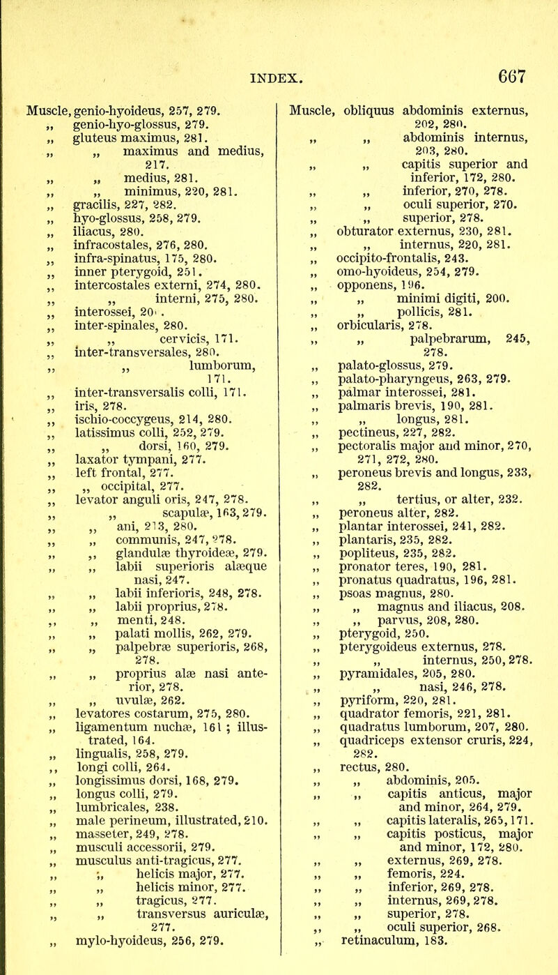 Muscle, genio-hyoideus, 257, 279. ,, genio-hyo-glossus, 279. „ gluteus maximus, 281. „ „ maximus and medius, 217. „ „ medius, 281. „ „ minimus, 220, 281. „ gracilis, 227, 282. „ hyo-glossus, 258, 279. „ iliacus, 280. „ infracostales, 276, 280. ,, infra-spinatus, 175, 280. ,, inner pterygoid, 251. ,, intercostales externi, 274, 280. ,, „ interni, 275, 280. „ interossei, 20 < . ,, inter-spinales, 280. „ „ cervicis, 171. ,, inter-transversales, 280. „ „ lumborum, 171. ,, inter-transversalis colli, 171. „ iris, 278. ,, ischio-coccygeus, 214, 280. ,, latissimus colli, 252, 279. „ „ dorsi, 160, 279. ,, laxator tympani, 277. ,, left frontal, 277. ,, ,, occipital, 277. ,, levator anguli oris, 247, 278. „ ,, scapula1, 163,279. „ ,, ani, 213, 280. ,, „ communis, 247,278. „ ,, glandul* thyroideae, 279. „ ,, labii superioris alaeque nasi, 247. „ „ labii inferioris, 248, 278. ,, „ labii proprius, 278. ,, ,, menti, 248. „ „ palati mollis, 262, 279. „ „ palpebrae superioris, 268, 278. „ „ proprius alas nasi ante- rior, 278. ,, „ uvulas, 262. „ levatores costarum, 275, 280. „ ligamentum nucha1, 161 ; illus- trated, 164. „ lingualis, 258, 279. ,, longi colli, 264. ,, longissimus dorsi, 168, 279. ,, longus colli, 279. „ lumbricales, 238. „ male perineum, illustrated, 210. „ masseter, 249, 278. „ musculi accessorii, 279. „ musculus anti-tragic.us, 277. ,, ;, helicis major, 277. „ „ helicis minor, 277. „ „ tragicus, 277. „ ,, transversus auriculae, 277. „ mylo-hyoideus, 256, 279. Muscle, obliquus abdominis externus, 202, 280. „ „ abdominis internus, 203, 280. „ „ capitis superior and inferior, 172, 280. ,, „ inferior, 270, 278. „ „ oculi superior, 270. „ „ superior, 278. „ obturator externus, 230, 281. „ „ internus, 220, 281. „ occipito-frontalis, 243. „ omo-hyoideus, 254, 279. „ opponens, 196. „ „ minimi digiti, 200. „ „ pollicis, 281. ,, orbicularis, 278. ,, „ palpebrarum, 245, 278. „ palato-glossus, 279. ,, palato-pharyngeus, 263, 279. „ palmar interossei, 281. „ palmaris brevis, 190, 281. „ „ longus, 281. „ pectineus, 227, 282. „ pectoralis major and minor, 270, 271, 272, 280. „ peroneus brevis and longus, 233, 282. ,, „ tertius, or alter, 232. „ peroneus alter, 282. „ plantar interossei, 241, 282. ,, plantaris, 235, 282. „ popliteus, 235, 282. „ pronator teres, 190, 281. ,, pronatus quadratus, 196, 281. „ psoas magnus, 280. „ „ magnus and iliacus, 208. „ ,, parvus, 208, 280. „ pterygoid, 250. „ pterygoideus externus, 278. „ „ internus, 250,278. „ pyramidales, 205, 280. „ „ nasi, 246, 278. ,, pyriform, 220, 281. „ quadrator femoris, 221, 281. ,, quadratus lumborum, 207, 280. „ quadriceps extensor cruris, 224, 282. ,, rectus, 280. „ „ abdominis, 205. ,, „ capitis anticus, major and minor, 264, 279. „ „ capitis lateralis, 265,171. „ „ capitis posticus, major and minor, 172, 280. „ „ externus, 269, 278. ,, „ femoris, 224. „ „ inferior, 269, 278. ,, „ internus, 269, 278. „ „ superior, 278. ,, „ oculi superior, 268. „ retinaculum, 183.