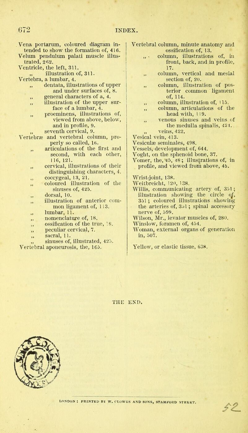 Vena portarum, coloured diagram in- tended to show the formation of, 416. Velum pendulum palati muscle illus- trated, 26a. Ventricle, the left, 311. „ illustration of, 311. Vertebra, a lumbar, 4. ,, dentata, illustrations of upper and under surfaces of, 8. „ general characters of a, 4. „ illustration of the upper sur- face of a lumbar, 4. „ proeminens, illustrations of, viewed from above, below, and in profile, 9. „ seventh cervical, 9. Vertebrae and vertebral column, pro- perly so called, 16. „ articulations of the first and second, with each other, 116, 121. ,, cervical, illustrations of their distinguishing characters, 4. ,, coccygeal, 13, 21. „ coloured illustration of the sinuses of, 425. ,, dorsal, 10. „ illustration of anterior com- mon ligament of, 113. „ lumbar, 11. „ nomenclature of, 18. ,, ossification of the true, 18. ,, peculiar cervical, 7. ,, sacral, 11. „ sinuses of, illustrated, 425. Vertebral aponeurosis, the, 165. Vertebral column, minute anatomy and ossification of, 13. „ - column, illustrations of, in front, back, and in profile, 17. ,, column, vertical and mesial section of, 20. ,, column, illustration of pos- terior common ligament of, 114. ,, column, illustration of, 115. ,, column, articulations of the head with, 119. „ venous sinuses and veins of the medulla spinalis, 42 4. „ veins, 422. Vesical vein, 413. Vesiculse seminales, 498. Vessels, development of, 644. Voglit, on the sphenoid bone, 37. Vomer, the,'45, 48; illustrations of, in profile, and viewed from above, 45. Wrist-joint, 138. Weitbreicht, 129, 138. Willis, communicating artery of, 351 ; illustration showing the circle of, 351 ; coloured illustrations showing the arteries of, 3ol ; spinal accessory nerve of, 599. Wilson, Mr., levator muscles of, 280. Winslow, foramen of, 454. Woman, external organs of generation in, 507. Yellow, or elastic tissue, 638. THE END. SO LONDON : PRINTED BY W. CLOWES AND SONS, STAMFORD STREET.