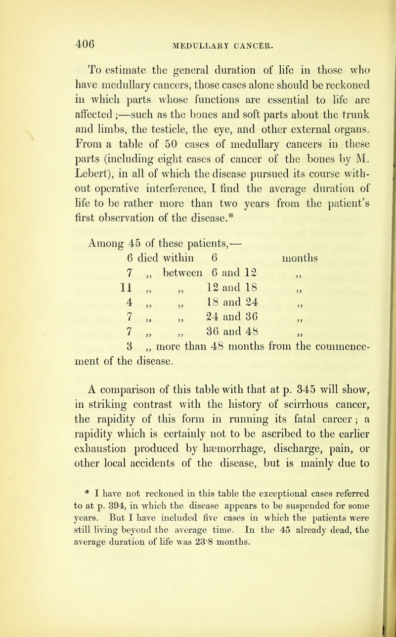 To estimate the general duration of life in those who have medullary eancers, those cases alone should be reckoned in which parts whose functions are essential to life are affected;—such as the bones and soft parts about the trunk and limbs, the testicle, the eye, and other external organs. From a table of 50 cases of medullary cancers in these parts (including eight cases of cancer of the bones by M. Lebert), in all of which the disease pursued its course with- out operative interference, I find the average duration of life to be rather more than two years from the patient’s first observation of the disease.* Among 45 of these patients,- 6 died within 6 montlis 7 ,, between 6 and 12 ,, 11 „ ,, 12 and 18 „ 4 „ „ 18 and 24 „ 7 „ ,, 24 and 36 „ 7 „ „ 36 and 48 „ 3 „ more than 48 months from the commence- ment of the disease. A comparison of this table with that at p. 345 will show, in striking contrast with the history of scirrhous cancer, the rapidity of this form in running its fatal career; a rapidity which is certainly not to be ascribed to the earlier exhaustion produced by haemorrhage, discharge, pain, or other local accidents of the disease, but is mainly due to * I have not reckoned in this table the exceptional cases referred to at p. 394, in which the disease appears to he suspended for some years. But I have included five cases in which the patients were still living beyond the average time. In the 45 already dead, the average duration of life was 23'8 months.