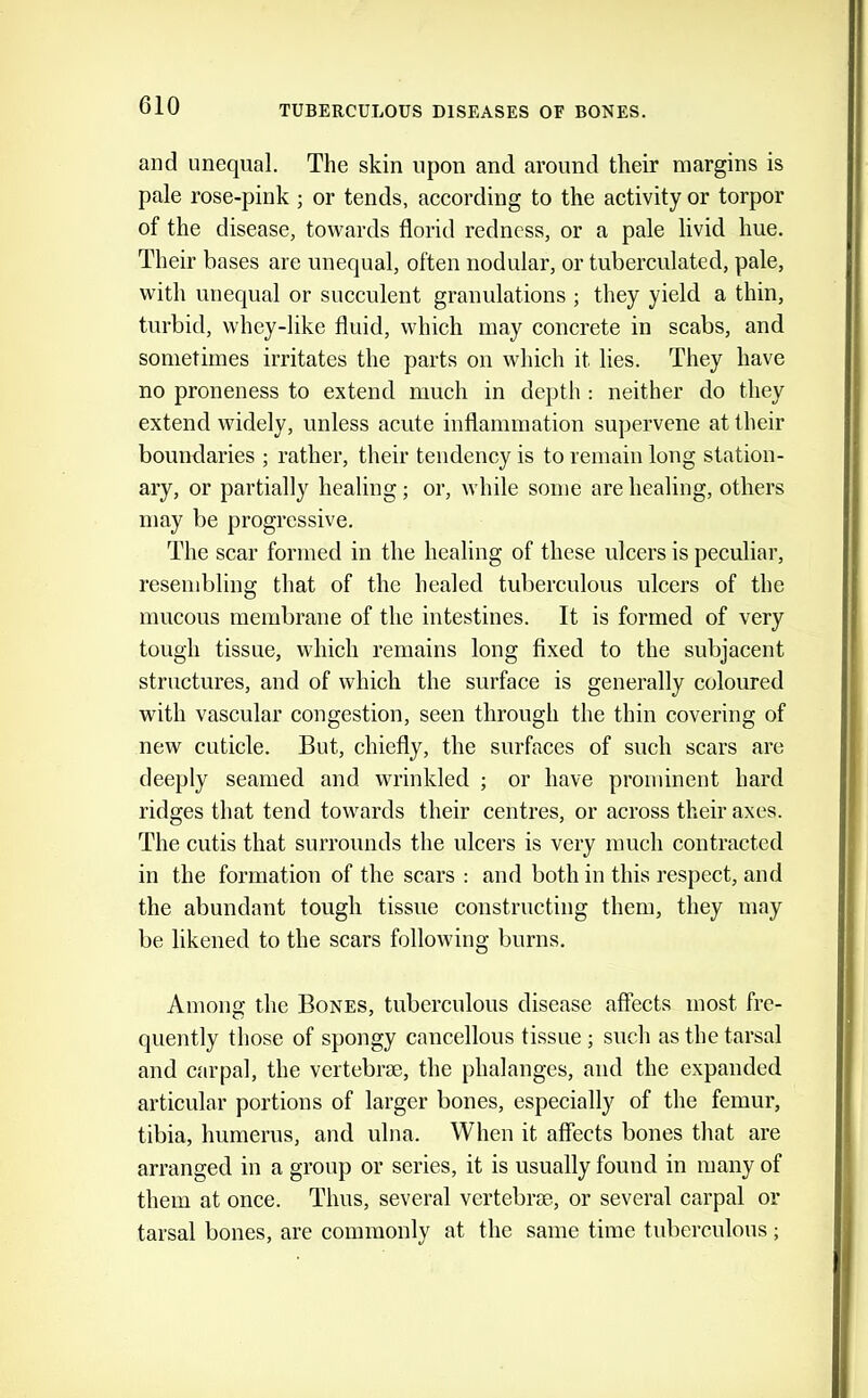 and unequal. The skin upon and around their margins is pale rose-pink ; or tends, according to the activity or torpor of the disease, towards florid redness, or a pale livid hue. Their bases are unequal, often nodular, or tuberculated, pale, with unequal or succulent granulations ; they yield a thin, turbid, whey-like fluid, which may concrete in scabs, and sometimes irritates the parts on which it lies. They have no proneness to extend much in depth : neither do they extend widely, unless acute inflammation supervene at their boundaries ; rather, their tendency is to remain long station- ary, or partially healing; or, while some are healing, others may be progressive. The scar formed in the healing of these ulcers is peculiar, resembling that of the healed tuberculous ulcers of the mucous membrane of the intestines. It is formed of very tough tissue, which remains long fixed to the subjacent structures, and of which the surface is generally coloured with vascular congestion, seen through the thin covering of new cuticle. But, chiefly, the surfaces of such scars are deeply seamed and wrinkled ; or have prominent hard ridges that tend towards their centres, or across their axes. The cutis that surrounds the ulcers is very much contracted in the formation of the scars : and both in this respect, and the abundant tough tissue constructing them, they may be likened to the scars following burns. Among the Bones, tuberculous disease affects most fre- quently those of spongy cancellous tissue ; such as the tarsal and carpal, the vertebrae, the phalanges, and the expanded articular portions of larger bones, especially of the femur, tibia, humerus, and ulna. When it affects bones that are arranged in a group or series, it is usually found in many of them at once. Thus, several vertebrae, or several carpal or tarsal bones, are commonly at the same time tuberculous ;