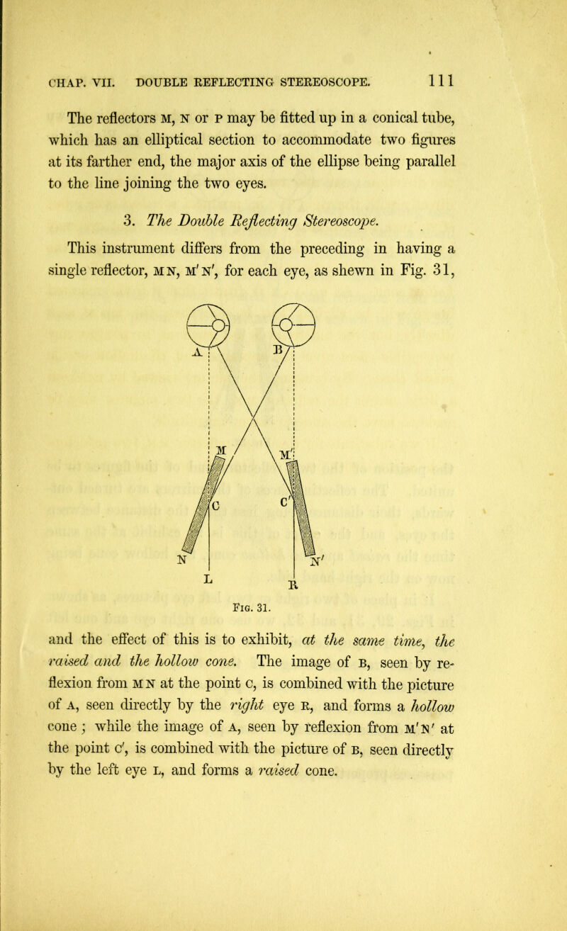 The reflectors m, n or p may be fitted up in a conical tube, which has an elliptical section to accommodate two figures at its farther end, the major axis of the ellipse being parallel to the line joining the two eyes. 3. The Double Reflecting Stereoscope. This instrument differs from the preceding in having a single reflector, mn, m'n', for each eye, as shewn in Fig. 31, and the effect of this is to exhibit, at the same time^ the raised and the hollow cone. The image of b, seen by re- flexion from M N at the point c, is combined with the picture of A, seen directly by the right eye R, and forms a hollow cone; while the image of a, seen by reflexion from m'n' at the point c', is combined with the picture of b, seen directly by the left eye l, and forms a raised cone.