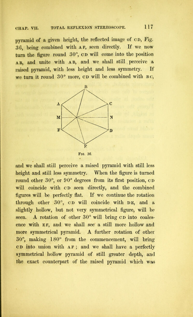 pyramid of a given height, the reflected image of CD, Fig. 3G, being combined with af, seen directly. If we now turn the figure round 30°, CD will come into the position AB, and unite with ab, and we shall still perceive a raised pyramid, with less height and less symmetry. If we turn it round 30° more, CD will be combined with bc, and we shall still perceive a raised pyramid with still less height and still less symmetry. When the figure is turned round other 30°, or 90° degrees from its first position, cd will coincide with cd seen directly, and the combined figures will be perfectly flat. K we continue the rotation through other 30°, cd will coincide with de, and a slightly hollow, but not very symmetrical figure, will be seen. A rotation of other 30° will bring cd into coales- ence with ef, and we shall see a still more hollow and more symmetrical pyramid. A further rotation of other 30°, making 180° from the commencement, will bring CD into union with af ; and we shall have a perfectly symmetrical hollow pyramid of still greater depth, and the exact counterpart of the raised pyramid which was B Fig. 36.