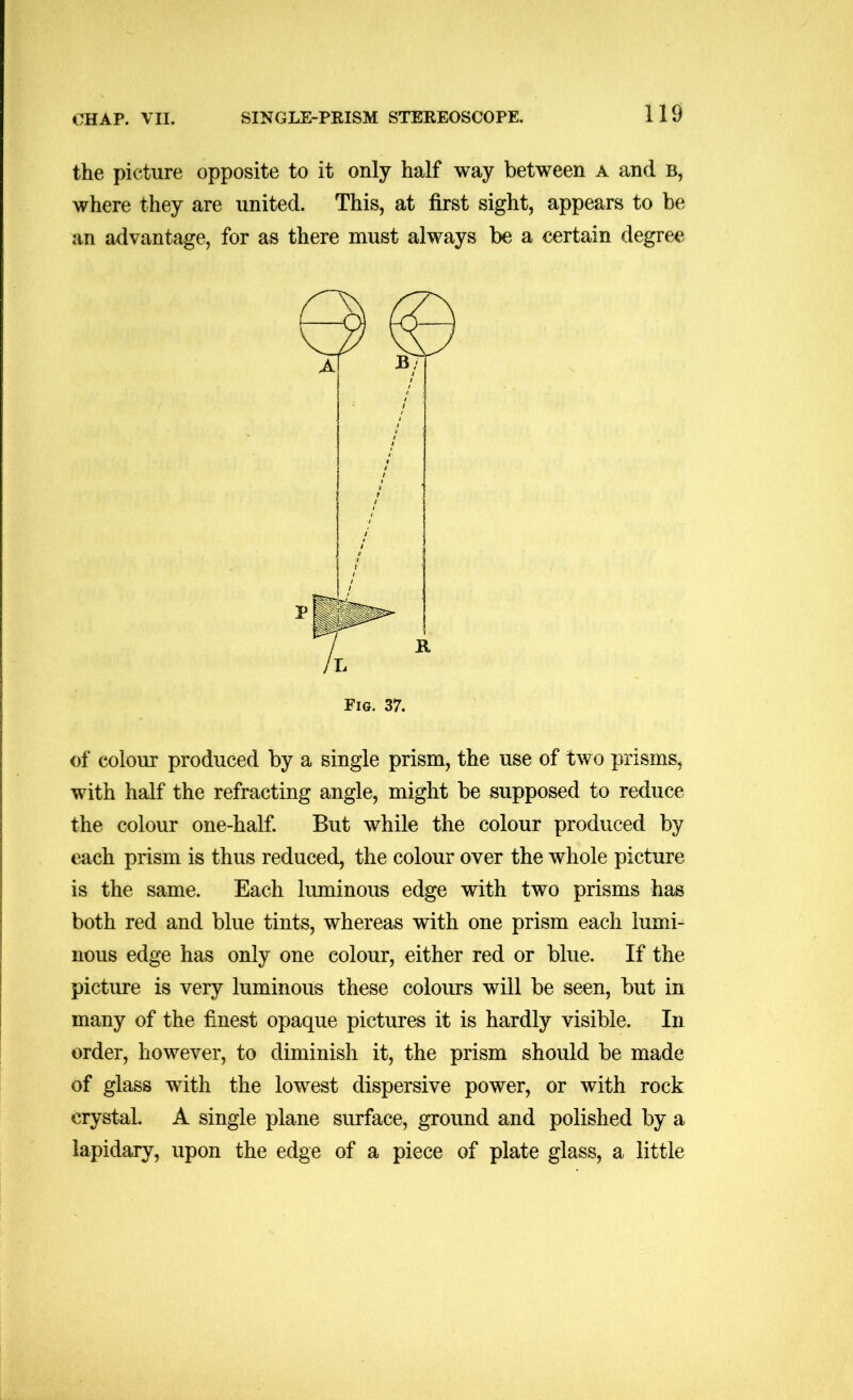 the picture opposite to it only half way between a and b, where they are united. This, at first sight, appears to be an advantage, for as there must always be a certain degree of colour produced by a single prism, the use of two prisms, with half the refracting angle, might be supposed to reduce the colour one-half. But while the colour produced by each prism is thus reduced, the colour over the whole picture is the same. Each luminous edge with two prisms has both red and blue tints, whereas with one prism each lumi- nous edge has only one colour, either red or blue. If the picture is very luminous these colours will be seen, but in many of the finest opaque pictures it is hardly visible. In order, however, to diminish it, the prism should be made of glass with the lowest dispersive power, or with rock crystal, A single plane surface, ground and polished by a lapidary, upon the edge of a piece of plate glass, a little