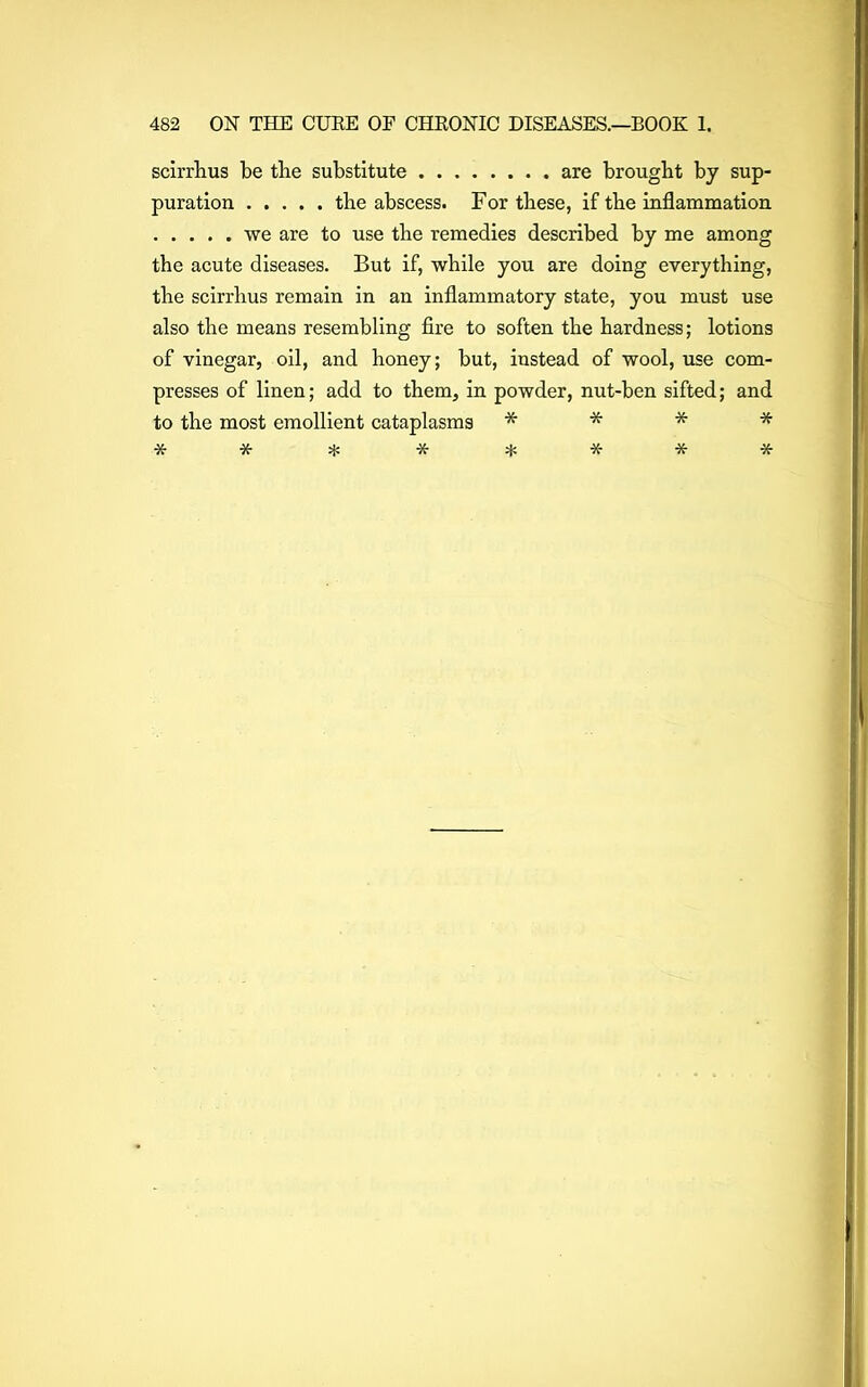 scirrhus be tbe substitute are brought by sup- puration the abscess. For these, if the inflammation we are to use the remedies described by me among the acute diseases. But if, while you are doing everything, the scirrhus remain in an inflammatory state, you must use also the means resembling fire to soften the hardness; lotions of vinegar, oil, and honey; but, instead of wool, use com- presses of linen; add to them, in powder, nut-ben sifted; and to the most emollient cataplasms * * * * * * * * * * * *