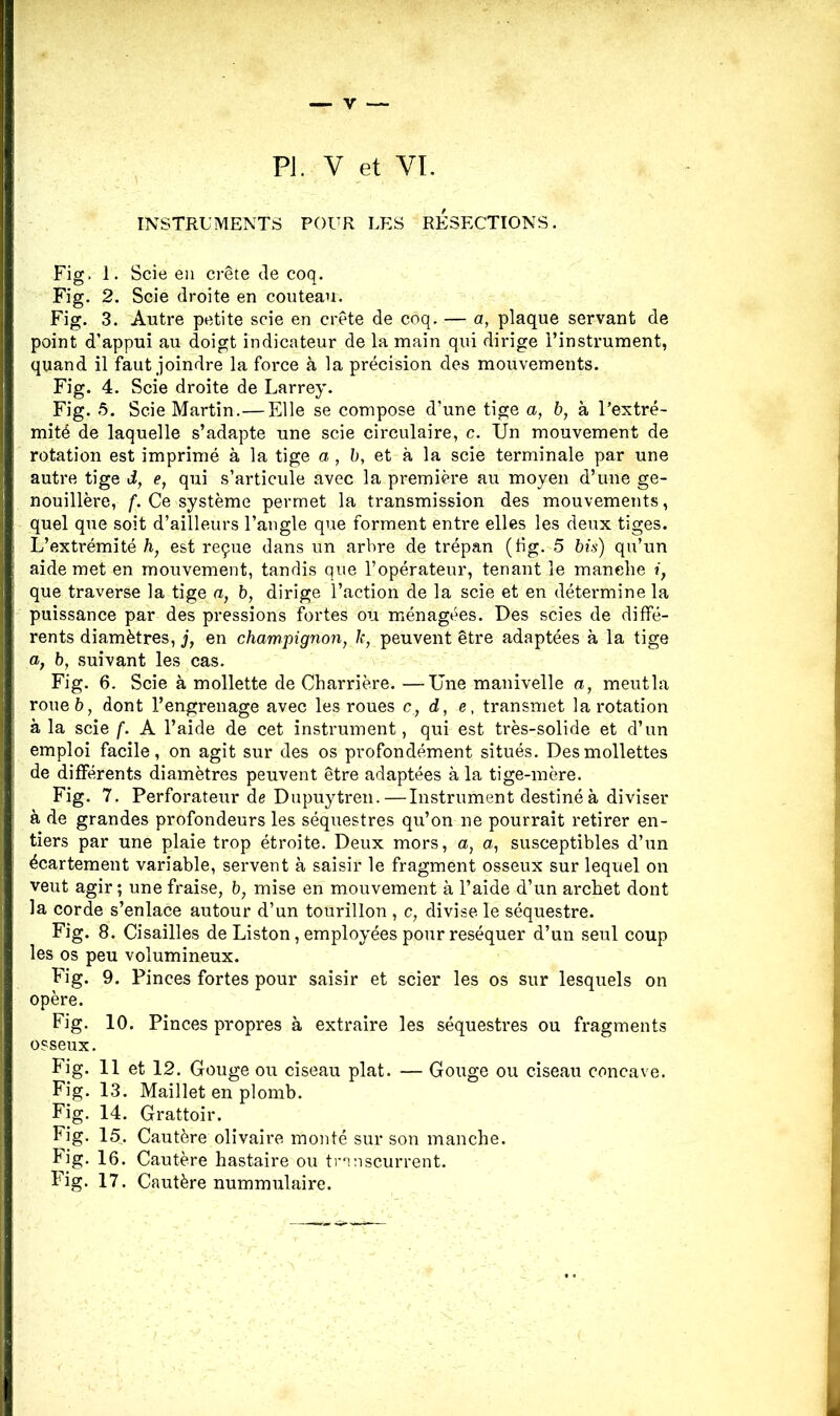 PJ. V et VI. INSTRUMENTS POUR LES RESECTIONS. Fig. 1. Scie en crête de coq. Fig. 2. Scie droite en couteau. Fig. 3. Autre petite scie en crête de coq. — a, plaque servant de point d’appui au doigt indicateur de la main qui dirige l’instrument, quand il faut joindre la force à la précision des mouvements. Fig. 4. Scie droite de Larrey. Fig. 5. Scie Martin.— Elle se compose d’une tige a, b, à l’extré- mité de laquelle s’adapte une scie circulaire, c. Un mouvement de rotation est imprimé à la tige a , b, et à la scie terminale par une autre tige d, e, qui s’articule avec la première au moyen d’une ge- nouillère, f. Ce système permet la transmission des mouvements, quel que soit d’ailleurs l’angle que forment entre elles les deux tiges. L’extrémité h, est reçue dans un arbre de trépan (tig. 5 bis) qu’un aide met en mouvement, tandis que l’opérateur, tenant le manche i} que traverse la tige a, b, dirige l’action de la scie et en détermine la puissance par des pressions fortes ou ménagées. Des scies de diffé- rents diamètres, j, en champignon, 1c, peuvent être adaptées à la tige a, b, suivant les cas. Fig. 6. Scie à mollette de Charrière. —Une manivelle a, meutla roue b, dont l’engrenage avec les roues c, d, e, transmet la rotation à la scie f. A l’aide de cet instrument, qui est très-solide et d’un emploi facile, on agit sur des os profondément situés. Des mollettes de différents diamètres peuvent être adaptées à la tige-mère. Fig. 7. Perforateur de Dupuytren.—Instrument destiné à diviser à de grandes profondeurs les séquestres qu’on ne pourrait retirer en- tiers par une plaie trop étroite. Deux mors, a, a, susceptibles d’un écartement variable, servent à saisir le fragment osseux sur lequel on veut agir; une fraise, b, mise en mouvement à l’aide d’un archet dont la corde s’enlace autour d’un tourillon , c, divise le séquestre. Fig. 8. Cisailles de Liston, employées pour réséquer d’un seul coup les os peu volumineux. Fig. 9. Pinces fortes pour saisir et scier les os sur lesquels on opère. Fig. 10. Pinces propres à extraire les séquestres ou fragments osseux. Fig. 11 et 12. Gouge ou ciseau plat. — Gouge ou ciseau concave. Fig. 13. Maillet en plomb. Fig. 14. Grattoir. Fig. 15. Cautère olivaire monté sur son manche. Fig. 16. Cautère hastaire ou trnnscurrent. l'ig. 17. Cautère nummulaire.