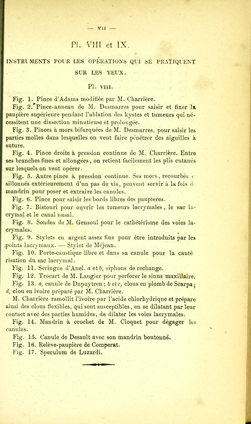 vu PI. Vin et IX. INSTRUMENTS POUR LES OPERATIONS QUI SE PRATIQUENT SUR LES YEUX. PL vin. Fig. 1. Pince d’Adams modifiée par M. Charrière. Fig. 2. Pince-anneau de M. Desmarres pour saisir et fixer la paupière supérieure pendant l’ablation des kystes et tumeurs qui né- cessitent une dissection minutieuse et prolongée. Fig. 3. Pinces à mors bifurquées de M. Desmarres, pour saisir les parties molles dans lesquelles on veut faire pénétrer des aiguilles à suture. Fig. 4. Pince droite à pression continue de M. Charrière. Entre ses branches fines et allongées , on retient facilement les plis cutanés sur lesquels on veut opérer. Fig. 5. Autre pince à pression continue. Ses mors, recourbés t: sillonnés extérieurement d’un pas de vis, peuvent servir à la fois tb mandrin pour poser et extraire les canules. Fig. 6. Pince pour saisir les bords libres des paupières. Fig. 7. Bistouri pour ouvrir les tumeurs lacrymales, le sac la- crymal et le canal nasal. Fig. 8. Sondes de M. Gensoul pour le cathétérisme des voies la- crymales. Fig. 9. Stylets en argent assez fins pour être introduits par les points lacrymaux. — Stylet de Méjean. Fig. 10. Porte-caustique libre et dans sa canule pour la cauté risation du sac lacrymal. Fig. 11. Seringue d’Anel. a et b, siphons de rechange. Fig. 12. Trocart de M. Laugier pour perforer le sinus maxillaire. Fig. 13. a, canule de Dupuytren ; 6 etc, clous en plomb de Scarpa*t d, clou en ivoire préparé par M. Charrière. M. Charrière ramollit l’ivoire par l’acide chlorhydrique et prépare ainsi des clous flexibles, qui sont susceptibles, en se dilatant par leur contact avec des parties humides, de dilater les voies lacrymales. Fig. 14. Mandrin à crochet de M. Cloquet pour dégager les canules. Fig. 15. Canule de Desault avec son mandrin boutonné. Fig. 16. Relève-paupière de Comperat. Fig. 17. Spéculum de Luzardi.