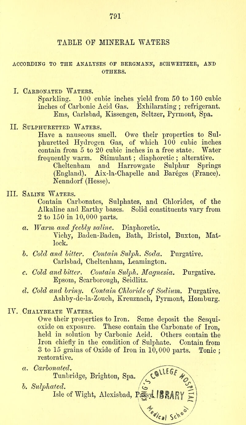 TABLE OF MINERAL WATERS ACCORDING TO THE ANALYSES OF BERGMANN, SCHWEITZER, AND OTHERS. I. Carbonated Waters. Sparkling. 100 cubic inches yield from 50 to 160 cubic inches of Carbonic Acid Gas. Exhilarating ; refrigerant. Ems, Carlsbad, Kissengen, Seltzer, Pyrmont, Spa. II. Sulphuretted Waters. Have a nauseous smell. Owe their properties to Sul- phuretted Hydrogen Gas, of which 100 cubic inches contain from 5 to 20 cubic inches in a free state. Water frequently warm. Stimulant; diaphoretic ; alterative. Cheltenham and Harrowgate Sulphur Springs (England). Aix-la-Chapelle and Bareges (France). Nenndorf (Hesse). III. Saline Waters. Contain Carbonates, Sulphates, and Chlorides, of the Alkaline and Earthy bases. Solid constituents vary from 2 to 150 in 10,000 parts. a. Warm and feebh/ saline. Diaphoretic. Yicliy, Baden-Baden, Bath, Bristol, Buxton, Mat- lock. b. Cold and bitter. Contain Sulph. Soda. Purgative. Carlsbad, Cheltenham, Leamington. c. Cold and bitter. Contain Sulph. Magnesia. Purgative. Epsom, Scarborough, Seidlitz. d. Cold and briny. Contain Chloride of Sodium. Purgative. Ashby-cle-Ia-Zouch, Kreuznach, Pyrmont, Homburg. IV. Chalybeate Waters. Owe their properties to Iron. Some deposit the Sesqui- oxide on exposure. These contain the Carbonate of Iron, held in solution by Carbonic Acid. Others contain the Iron chiefly in the condition of Sulphate. Contain from 3 to 15 grains of Oxide of Iron in 10,000 parts. Tonic ; restorative. a. Carbonated. Tunbridge, Brighton, Spa. b. Sulphated. Isle of Wight, Alexisbad, !