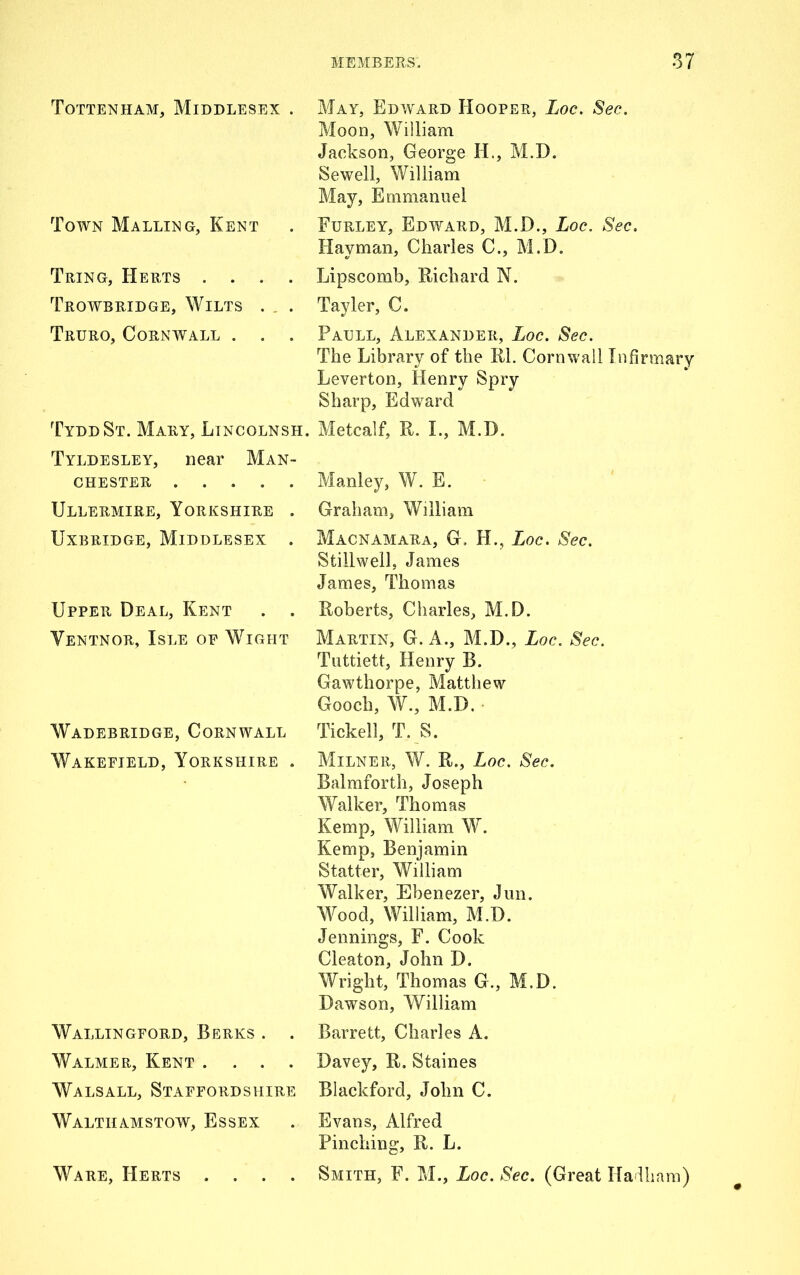 Tottenham, Middlesex . May, Edward Hooper, Loc. Sec. Moon, William Jackson, George H., M.D. Sewell, William May, Emmanuel Town Malling, Kent . Furley, Edward, M.D., Loc. Sec. Hayman, Charles C., M.D. Tring, Herts .... Lipscomb, Richard N. Trowbridge, Wilts . . Tayler, C. Truro, Cornwall . . . Paull, Alexander, Loc. Sec. The Library of the Rl. Cornwall Infirmary Leverton, Henry Spry Sharp, Edward TyddSt. Mary, Ltncolnsh. Metcalf, R. I., M.D. Tyldesley, near Man- chester Ullermire, Yorkshire . Uxbridge, Middlesex . Upper Deal, Kent Ventnor, Isle op Wight Wadebridge, Cornwall Wakefield, Yorkshire . Wallingford, Berks . . Walmer, Kent .... Walsall, Staffordshire Manley, W. E. Graham, William Macnamara, C. H., Loc. Sec. Stillwell, James James, Thomas Roberts, Charles, M.D. Martin, C. A., M.D., Loc. Sec. Tnttiett, Henry B. Gawthorpe, Matthew Gooch, W., M.D. Tickell, T. S. Milner, W. R., Loc. Sec. Balmforth, Joseph Walker, Thomas Kemp, William W. Kemp, Benjamin Statter, William Walker, Ebenezer, Jun. Wood, William, M.D. Jennings, F. Cook Cleaton, John D. Wright, Thomas G., M.D. Dawson, William Barrett, Charles A. Davey, R. Staines Blackford, John C. Walthamstow, Essex . Evans, Alfred Pinching, R. L. Ware, Herts .... Smith, F. M., Loc. Sec. (Great Hadham)