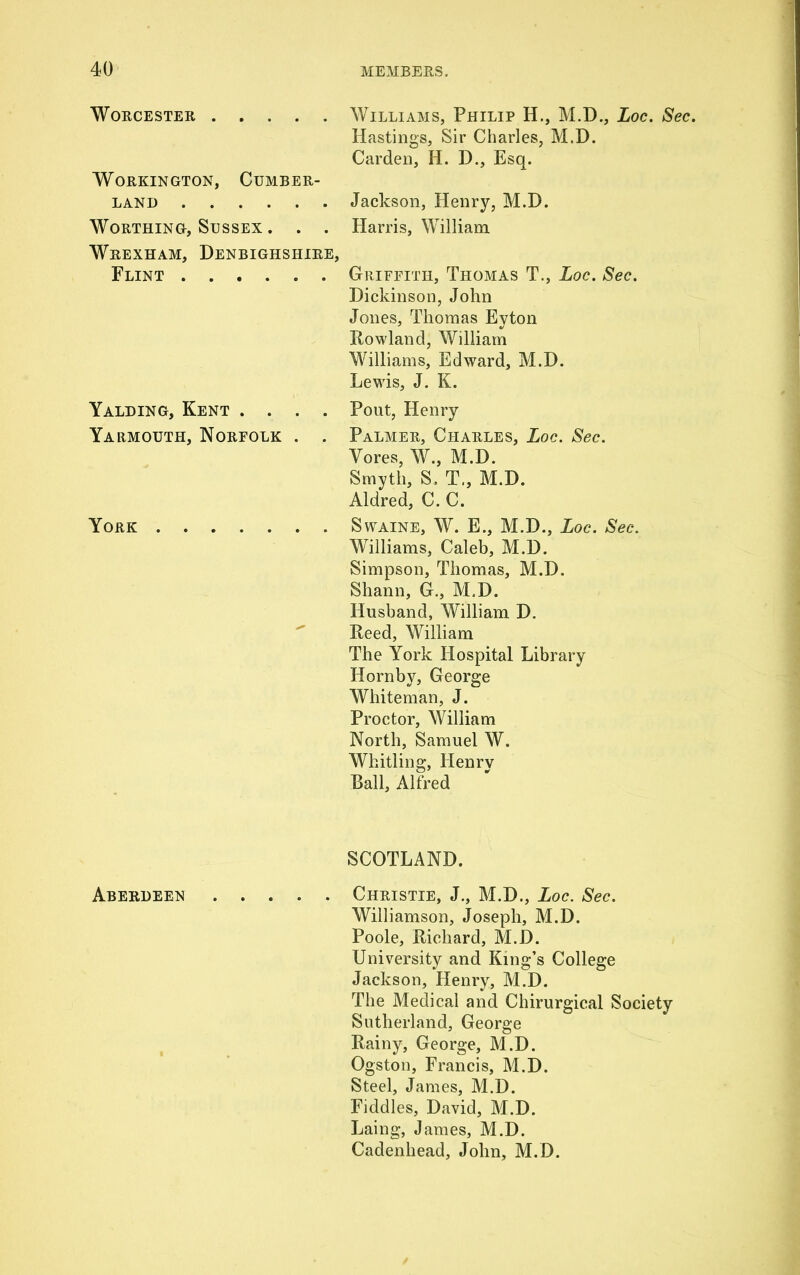 Worcester Williams, Philip H., M.D., Loc. Sec. Hastings, Sir Charles, M.D. Carden, H. D., Esq. Workington, Cumber- land Jackson, Henry, M.D. Worthing, Sussex . . . Harris, William Wrexham, Denbighshire, Flint Griffith, Thomas T., Loc. Sec. Dickinson, John Jones, Thomas Eyton Rowland, William Williams, Edward, M.D. Lewis, J. K. Yalding, Kent . . . . Yarmouth, Norfolk . . Pout, Henry Palmer, Charles, Loc. Sec. Yores, W., M.D. Smyth, S. T„ M.D. Aldred, C. C. York Swaine, W. E., M.D., Loc. Sec. Williams, Caleb, M.D. Simpson, Thomas, M.D. Shann, G., M.D. Husband, William D. ** Reed, William The York Hospital Library Hornby, George Whiteman, J. Proctor, William North, Samuel W. Whitling, Henry Ball, Alfred Aberdeen SCOTLAND. Christie, J., M.D., Loc. Sec. Williamson, Joseph, M.D. Poole, Richard, M.D. University and King’s College Jackson, Henry, M.D. The Medical and Chirurgical Society Sutherland, George Rainy, George, M.D. Ogston, Francis, M.D. Steel, James, M.D. Fiddles, David, M.D. Laing, James, M.D. Cadenhead, John, M.D.