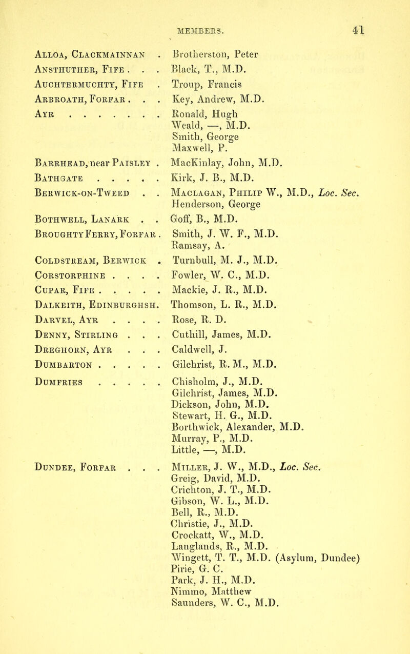 Alloa, Clackmannan . Ansthuther, Fife . . . Auchtermuchty, Fife Arbroath, Forfar. . . Ayr Barrhead, near Paisley . Bathgate Berwick-on-Tweed . . Bothwell, Lanark . . Broughty Ferry, Forfar . Coldstream, Berwick . CORSTORPHINE . . Cupar, Fife Dalkeith, Edinburghsh. Daryel, Ayr .... Denny, Stirling . . . Dreghorn, Ayr . . . Dumbarton Dumfries Brotherston, Peter Black, T., M.D. Troup, Francis Key, Andrew, M.D. Ronald, Hugh Weald, —, M.D. Smith, George Maxwell, P. MacKinlay, John, M.D. Kirk, J. B., M.D. Maclagan, Philip W., M.D., Loc. Sec. Henderson, George Goff, B., M.D. Smith, J. W. F., M.D. Ramsay, A. Turnbull, M. J., M.D. Fowler, W. C., M.D. Mackie, J. R., M.D. Thomson, L. R., M.D. Rose, R. D. Cuthill, James, M.D. Caldwell, J. Gilchrist, R. M., M.D. Chisholm, J., M.D. Gilchrist, James, M.D. Dickson, John, M.D. Stewart, H. G., M.D. Borthwick, Alexander, M.D. Murray, P., M.D. Little, —, M.D. Dundee, Forfar . . . Miller, J. W., M.D., Loc. Sec. Greig, David, M.D. Crichton, J. T., M.D. Gibson, W. L., M.D. Bell, R., M.D. Christie, J., M.D. Crockatt, W., M.D. Langlands, R., M.D. Wingett, T. T., M.D. (Asylum, Dundee) Pirie, G. C. Park, J. H., M.D. Nimmo, Matthew Saunders, W. C., M.D.