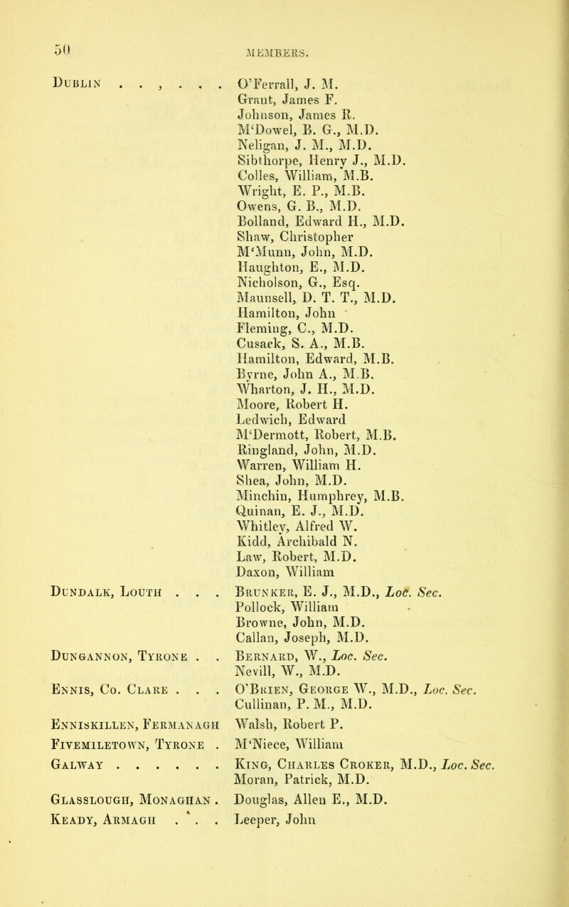 Dublin ...... Dundalk, Louth . . . Dungannon, Tyrone . . Ennis, Co. Clare . . . Enniskillen, Fermanagh Fiyemiletown, Tyrone . Galway Glasslough, Monaghan . Ready, Armagh . 4. . O’Ferrall, J. M. Grant, James F. Johnson, James R. M‘Dowel, B. G., M.D. Neligan, J. M., M.D. Sibthorpe, Henry J., M.D. Colies, William, M.B. Wright, E. P., M.B. Owens, G. B., M.D. Bolland, Edward H., M.D. Shaw, Christopher M‘Munn, John, M.D. Haughton, E., M.D. Nicholson, G., Esq. Maun sell, D. T. T., M.D. Hamilton, John Fleming, C., M.D. Cusack, S. A., M.B. Hamilton, Edward, M.B. Byrne, John A., M.B, Wharton, J. H., M.D. Moore, Robert H. Ledwich, Edward McDermott, Robert, M.B. Ringland, John, M.D. Warren, William H. Shea, John, M.D. Minchin, Humphrey, M.B, Quinan, E. J., M.D. Whitley, Alfred W. Kidd, Archibald N. Law, Robert, M.D. Daxon, William Brunker, E. J., M.D., LoG. Sec. Pollock, William Browne, John, M.D. Callan, Joseph, M.D. Bernard, W., Loc. Sec. Nevill, W., M.D. O’Brien, George W., M.D., Loc. Sec. Cullinan, P. M., M.D. Walsh, Robert P. M‘Niece, William King, Charles Croker, M.D., Loc. Sec. Moran, Patrick, M.D. Douglas, Allen E., M.D. Deeper, John