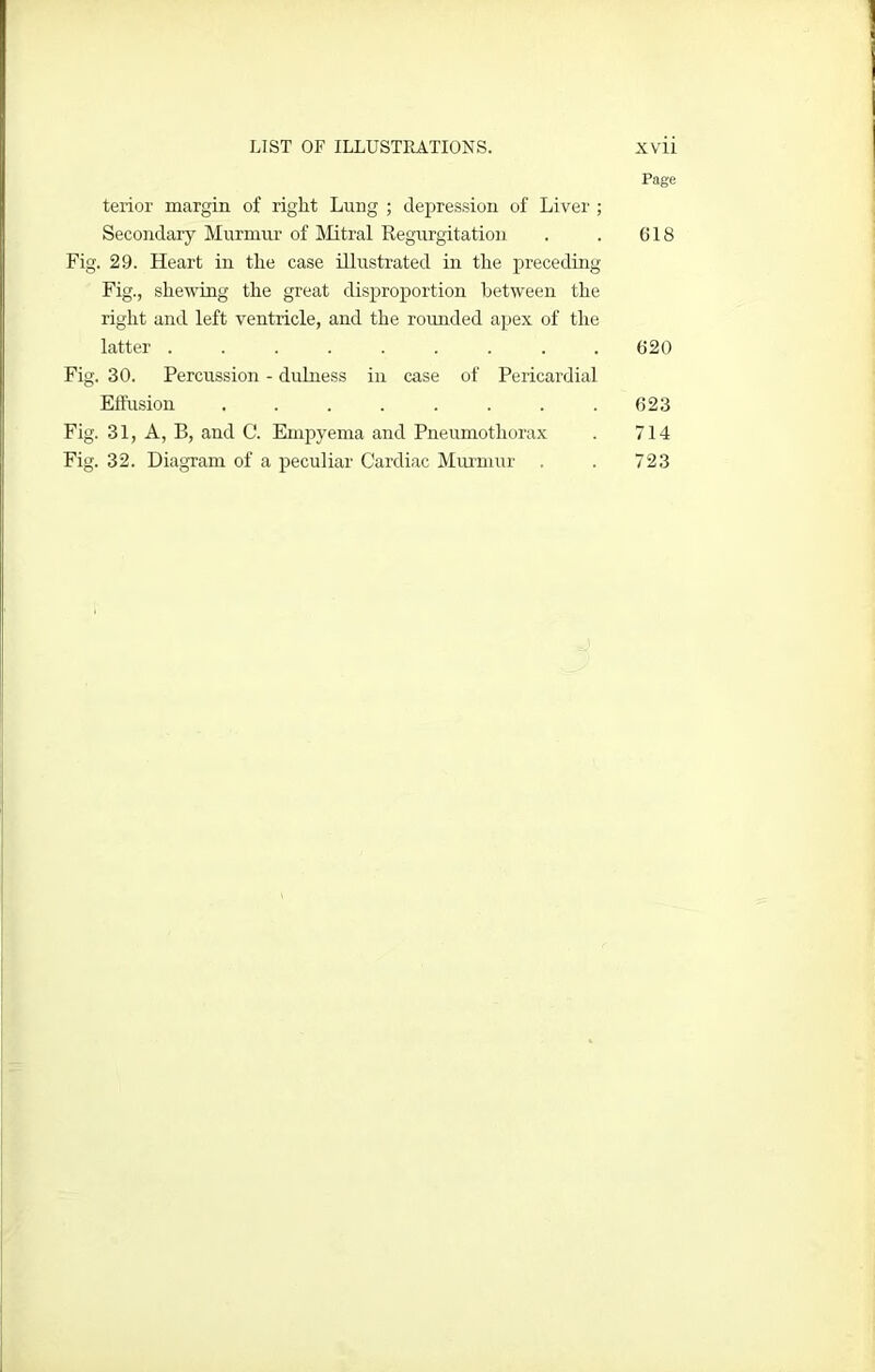 tenor margin of right Lung ; depression of Liver ; Secondary Murmur of Mitral Regurgitation Fig. 29. Heart in the case illustrated in the preceding Fig., shewing the great disproportion between the right and left ventricle, and the rounded apex of the latter ......... Fig. 30. Percussion - dulness in case of Pericardial Effusion ........ Fig. 31, A, B, and C. Empyema and Pneumothorax Fig. 32. Diagram of a peculiar Cardiac Murmur . Page 618 620 623 714 723