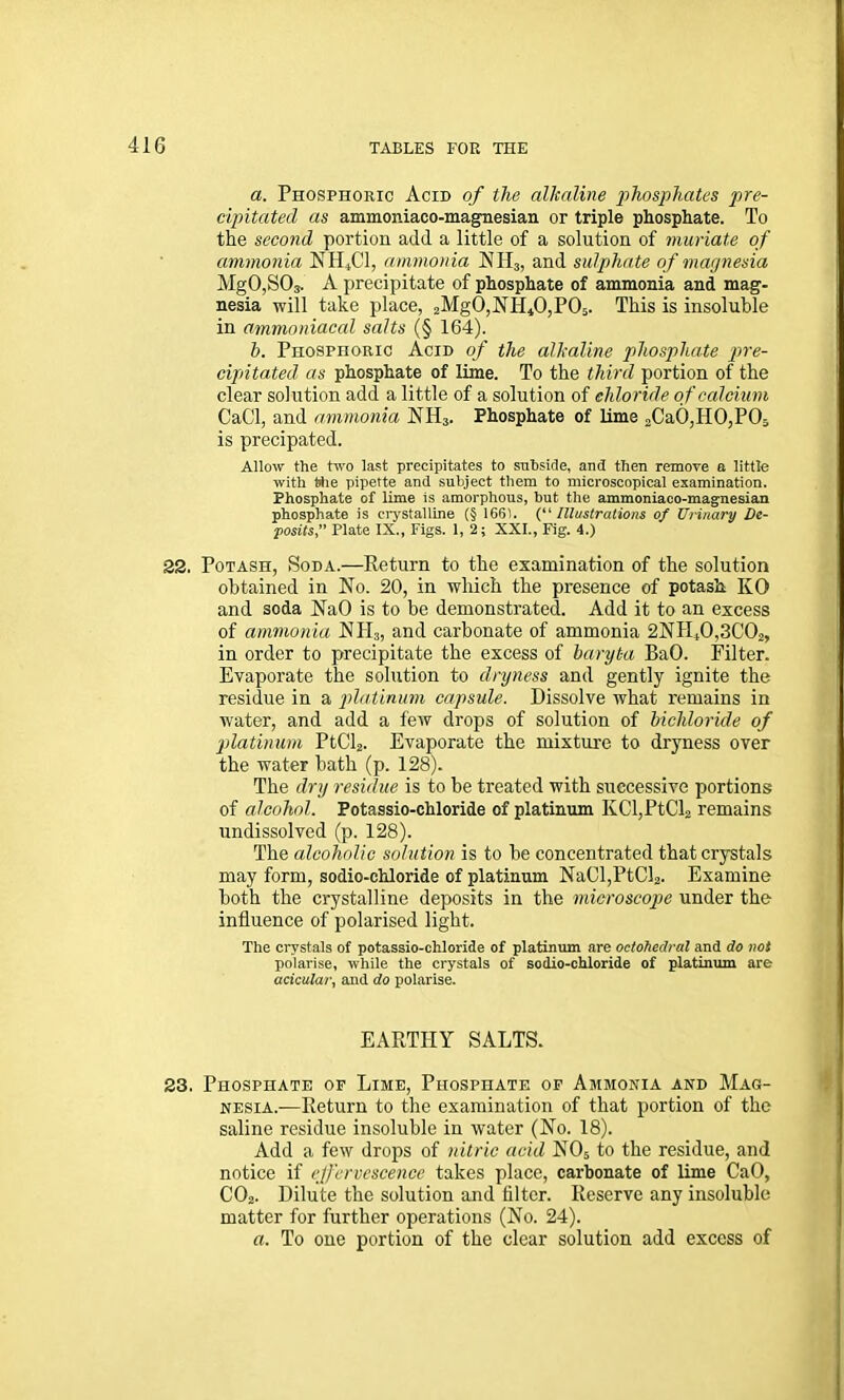 a. Phosphoric Acid of the allcnline phosphates pre- cipitated as ammoniaco-magnesian or triple phosphate. To the second portion add a little of a solution of muriate of ammonia NHjCl, ammonia NIP3, and sulphate of maynesia Mg0,S03. A precipitate of phosphate of ammonia and mag- nesia will take place, 2Mg0,NH40,P05. This is insoluble in ammoniacal salts (§ 164). h. Phosphoric Acid of the alkaline phosphate pre- cipitated as phosphate of lime. To the third portion of the clear solution add a little of a solution of chloride of calcium CaCl, and ammonia NH3. Phosphate of lime 2Ca6,H0,P05 is precipated. Allow the two last precipitates to subside, and then remove a little with Hie pipette and subject them to microscopical examination. Phosphate of lime is amorphous, but the ammoniaco-magnesian phosphate is crystalline (§ 1661. (“ Illustrations of Urinary De- posits,” Plate IX., Figs. 1, 2; XXI., Fig. 4.) 22. Potash, Soda.—Return to the examination of the solution obtained in No. 20, in which the presence of potash KO and soda NaO is to be demonstrated. Add it to an excess of ammonia NH3, and carbonate of ammonia 2NTI,0,3C02, in order to precipitate the excess of baryta BaO. Filter. Evaporate the solution to dryness and gently ignite the residue in a platinum capsule. Dissolve what remains in water, and add a few drops of solution of bichloride of platinum PtCl2. Evaporate the mixture to dryness over the water bath (p. 128). The dry residue is to be treated with successive portions of alcohol. Potassio-chloride of platinum KCl,PtCl2 remains undissolved (p. 128). The alcoholic solution is to be concentrated that crystals may form, sodio-chloride of platinum Na01,PtCl2. Examine both the crystalline deposits in the microscope under the influence of polarised light. The crystals of potassio-chloride of platinum are octoheclral and do not polarise, while the crystals of sodio-chloride of platinum are acicular, and do polarise. EARTHY SALTS. 23, Phosphate of Lime, Phosphate of Ammonia and Mag- nesia.—Return to the examination of that portion of the saline residue insoluble in water (No. 18). Add a few drops of nitric acid N05 to the residue, and notice if effervescence takes place, carbonate of lime CaO, C02. Dilute the solution and filter. Reserve any insoluble matter for further operations (No. 24). a. To one portion of the clear solution add excess of