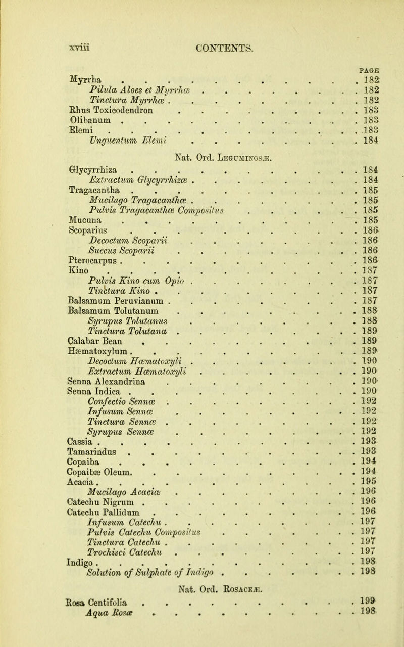 PAGE Myrrh a 182 Pilula Aloes et Myrrlice 182 Tinctura Myn'hce 182 Rhus Toxicodendron . 183 Olibanum . . . . . . . . . .183 Elemi . . .183 Vnguentum Elemi ........ 184 Nat. Ord. Legumixosjb. Clycyrrhiza 1S4 Extractim Glycyrrhizce . . . . . . . .184 Tragacantha . . . 185 Mucilago Tragacantha . . . . . . . .185 Pulvis Tragacantha Compositus 185 Mucnna ........... 185 Scoparius ........... 186 JDecoctnm Scoparii . . . . . . . .186 Succus Scoparii . . . . . . . ..186 Pterocarpus ........... 186 Kino 187 Pulvis Kino cum Opio . . . . . . . .187 Tinttura Kino ..187 Balsamum Peruvianum ......... 187 Balsamum Tolutanum . . . . . . . . . 188 Syrupus Tolutanus . . . . . . . .188 Tinctura Tolutana . . . . . . ..189 Calabar Bean 189 Hsematoxylum 189 Becoctum JTcematoxyli . .190 Extractum Hamatoxyli . . . . . . . . 190 Senna Alexandrina . 190 Senna Indica ........... 190 Confectio Senna . 192 Infusum Sennce . . . . . . . . . 192 Tinctura Sennce . . . . . . . . .192 Syrupus Sennce 192 Cassia .193 Tamarindus ........... 193 Copaiba 194 Copaibse Oleum 194 Acacia 195 Mucilago Acacia . . . . . . . . . 196 Catechu Nigrum . . . . . . . . • .196 Catechu Pallidum 196 Infusum Catechu . . . . . . . . .197 Pulvis Catechu Compositus 197 Tinctura Catechu 197 Trochisci Catechu . . . . . . . ..197 Indigo 198 Solution of Sulphate of Indigo 198 Nat. Ord. Rosacea:. Rosa Centifolia .199 Aqua Rosa 198