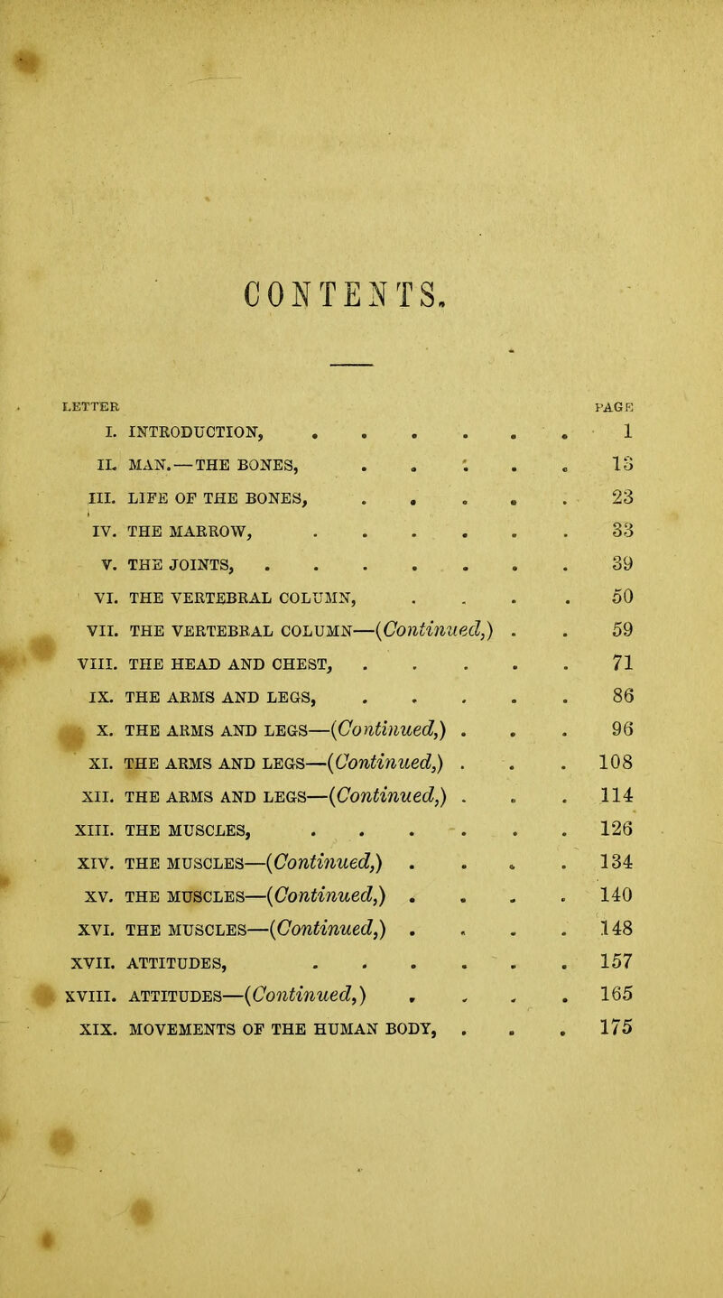 CONTENTS LETTER PAGE I. INTRODUCTION, 1 IL MAN. —THE BONES, . . . . . 13 III. LIFE OF THE BONES, ..... 23 IV. THE MARROW, 33 V. THE JOINTS, 39 VI. THE VERTEBRAL COLUMN, ... .50 vii. the vertebral column—(Continued,) . . 59 VIII. THE HEAD AND CHEST, 71 IX. THE ARMS AND LEGS, 86 x. the arms and legs—(Continued,) . . . 96 xi. the arms and legs—(Continued,) . . . 108 xii. the arms and legs—(Continued,) . . . 114 xm. the muscles, 126 xiv. the muscles—(Continued,) . . » .134 xv. the muscles—(Continued,) .... 140 xvi. the muscles—(Continued,) . . . .148 xvii. attitudes, 157 xviii. attitudes—(Continued,) , „ . .165 XIX. MOVEMENTS OF THE HUMAN BODY, . . . 175