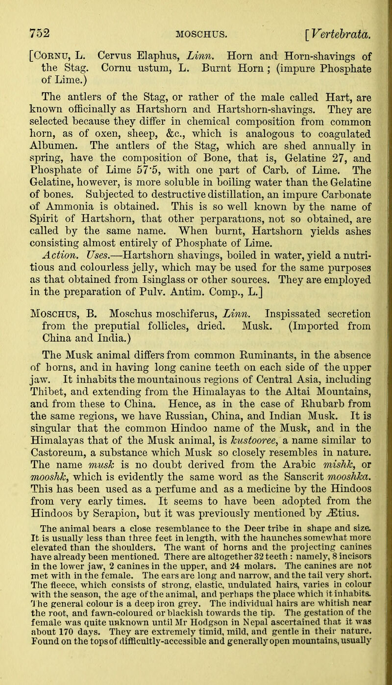 [Cornu, L. Cervus Elaphus, Linn. Horn and Horn-shavings of the Stag. Cornu ustum, L. Burnt Horn; (impure Phosphate of Lime.) The antlers of the Stag, or rather of the male called Hart, are known officinally as Hartshorn and Hartshorn-shavings. They are selected because they differ in chemical composition from common horn, as of oxen, sheep, &c., which is analogous to coagulated Albumen. The antlers of the Stag, which are shed annually in spring, have the composition of Bone, that is, Gelatine 27, and Phosphate of Lime 5 7'5, with one part of Carb. of Lime. The Gelatine, however, is more soluble in boiling water than the Gelatine of bones. Subjected to destructive distillation, an impure Carbonate of Ammonia is obtained. This is so well known by the name of Spirit of Hartshorn, that other perparations, not so obtained, are called by the same name. When burnt, Hartshorn yields ashes consisting almost entirely of Phosphate of Lime. Action. Uses.—Hartshorn shavings, boiled in water, yield a nutri- tious and colourless jelly, which may be used for the same purposes as that obtained from Isinglass or other sources. They are employed in the preparation of Pulv. Antim. Comp., L.] Moschus, B. Moschus moschiferus, Linn. Inspissated secretion from the preputial follicles, dried. Musk. (Imported from China and India.) The Musk animal differs from common Ruminants, in the absence of horns, and in having long canine teeth on each side of the upper jaw. It inhabits the mountainous regions of Central Asia, including Thibet, and extending from the Himalayas to the Altai Mountains, and from these to China. Hence, as in the case of Rhubarb from the same regions, we have Russian, China, and Indian Musk. It is singular that the common Hindoo name of the Musk, and in the Himalayas that of the Musk animal, is kustooree, a name similar to Castoreum, a substance which Musk so closely resembles in nature. The name musk is no doubt derived from the Arabic mishk, or mooshk, which is evidently the same word as the Sanscrit mooshka. This has been used as a perfume and as a medicine by the Hindoos from very early times. It seems to have been adopted from the Hindoos by Serapion, but it was previously mentioned by JStius. The animal hears a close resemblance to the Deer tribe in shape and size. It is usually less than three feet in length, with the haunches somewhat more elevated than the shoulders. The want of horns and the projecting canines have already been mentioned. There are altogether 32 teeth: namely, 8 incisors in the lower jaw, 2 canines in the upper, and 24 molars. The canines are not met with in the female. The ears are long and narrow, and the tail very short. The fleece, which consists of strong, elastic, undulated hairs, varies in colour with the season, the age of the animal, and perhaps the place which it inhabits. The general colour is a deep iron grey. The individual hairs are whitish near the root, and fawn-coloured or blackish towards the tip. The gestation of the female was quite unknown until Mr Hodgson in N epal ascertained that it was about 170 days. They are extremely timid, mild, and gentle in their nature. Found on the tops of difficultly-accessible and generally open mountains, usually