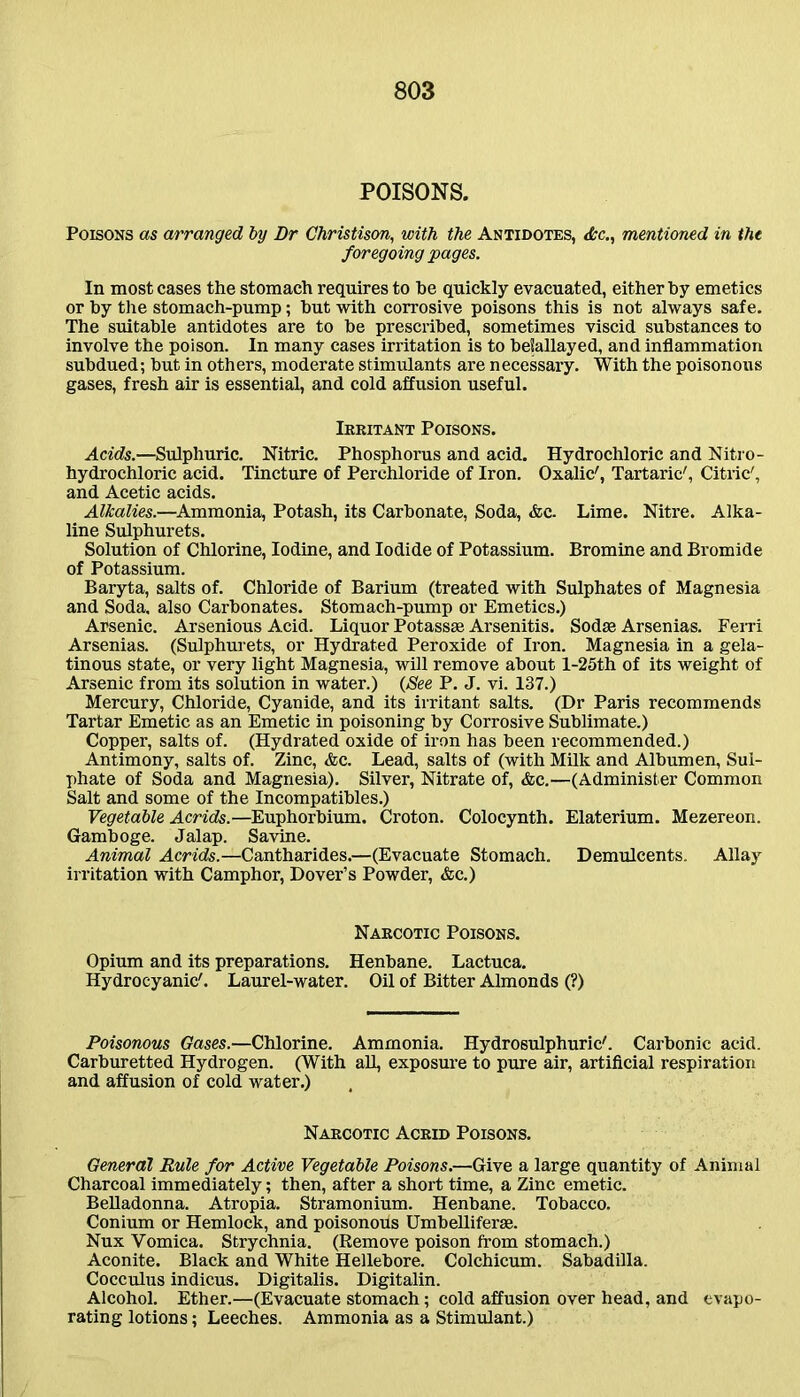 POISONS. Poisons as arranged by Dr Christison, with the Antidotes, &c., mentioned in the foregoing pages. In most cases the stomach requires to he quickly evacuated, either by emetics or by the stomach-pump; but with corrosive poisons this is not always safe. The suitable antidotes are to be prescribed, sometimes viscid substances to involve the poison. In many cases irritation is to beSallayed, and inflammation subdued; but in others, moderate stimulants are necessary. With the poisonous gases, fresh air is essential, and cold affusion useful. Irritant Poisons. Acids.—Sulphuric. Nitric. Phosphorus and acid. Hydrochloric and Nitro- hydrochloric acid. Tincture of Perchloride of Iron. Oxalic', Tartaric', Citric', and Acetic acids. Alkalies.—Ammonia, Potash, its Carbonate, Soda, &c. Lime. Nitre. Alka- line Sulphurets. Solution of Chlorine, Iodine, and Iodide of Potassium. Bromine and Bromide of Potassium. Baryta, salts of. Chloride of Barium (treated with Sulphates of Magnesia and Soda, also Carbonates. Stomach-pump or Emetics.) Arsenic. Arsenious Acid. Liquor Potassse Arsenitis. Sodas Arsenias. Ferri Arsenias. (Sulphurets, or Hydrated Peroxide of Iron. Magnesia in a gela- tinous state, or very light Magnesia, will remove about l-25th of its weight of Arsenic from its solution in water.) (See P. J. vi. 137.) Mercury, Chloride, Cyanide, and its irritant salts. (Dr Paris recommends Tartar Emetic as an Emetic in poisoning by Corrosive Sublimate.) Copper, salts of. (Hydrated oxide of iron has been recommended.) Antimony, salts of. Zinc, <fcc. Lead, salts of (with Milk and Albumen, Sul- phate of Soda and Magnesia). Silver, Nitrate of, &c.—(Administer Common Salt and some of the Incompatibles.) Vegetable Acrids.—Euphorbium. Croton. Colocynth. Elaterium. Mezereon. Gamboge. Jalap. Savine. Animal Acrids.—Cantharides.—(Evacuate Stomach. Demulcents. Allay irritation with Camphor, Dover’s Powder, &c.) Narcotic Poisons. Opium and its preparations. Henbane. Lactuca. Hydrocyanic'. Laurel-water. Oil of Bitter Almonds (?) Poisonous Gases.—Chlorine. Ammonia. Hydrosulphuric'. Carbonic acid. Carburetted Hydrogen. (With all, exposure to pure air, artificial respiration and affusion of cold water.) Narcotic Acrid Poisons. General Rule for Active Vegetable Poisons.—Give a large quantity of Animal Charcoal immediately; then, after a short time, a Zinc emetic. Belladonna. Atropia. Stramonium. Henbane. Tobacco. Conium or Hemlock, and poisonous Umbelliferae. Nux Vomica. Strychnia. (Remove poison from stomach.) Aconite. Black and White Hellebore. Colchicum. Sabadilla. Cocculus indicus. Digitalis. Digitalin. Alcohol. Ether.—(Evacuate stomach; cold affusion over head, and evapo- rating lotions; Leeches. Ammonia as a Stimulant.)