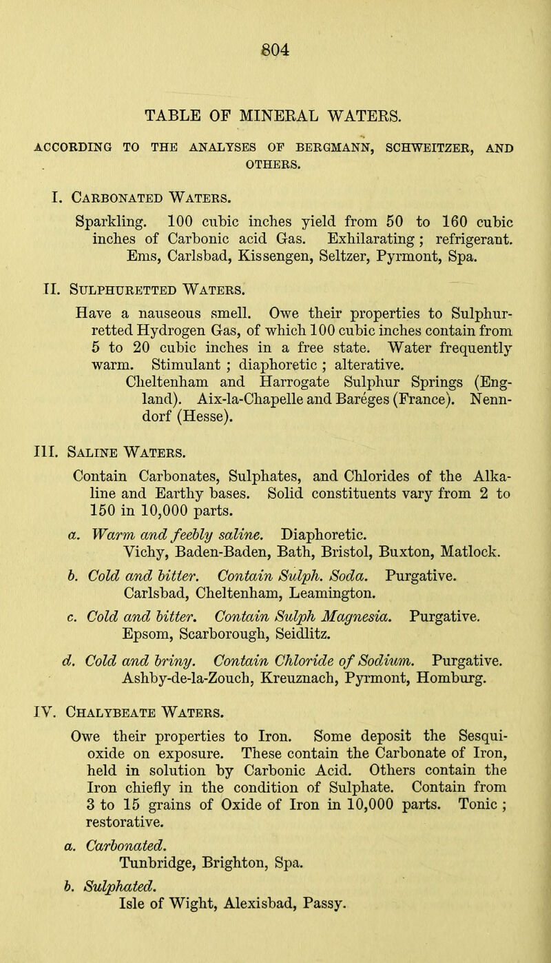 TABLE OF MINERAL WATERS. ACCORDING TO THE ANALYSES OF BERGMANN, SCHWEITZER, AND OTHERS. I. Carbonated Waters. Sparkling. 100 cubic inches yield from 50 to 160 cubic inches of Carbonic acid Gas. Exhilarating; refrigerant. Ems, Carlsbad, Kissengen, Seltzer, Pyrmont, Spa. II. Sulphuretted Waters. Have a nauseous smell. Owe their properties to Sulphur- retted Hydrogen Gas, of which 100 cubic inches contain from 5 to 20 cubic inches in a free state. Water frequently warm. Stimulant ; diaphoretic ; alterative. Cheltenham and Harrogate Sulphur Springs (Eng- land). Aix-la-Chapelle and Bareges (France). Nenn- dorf (Hesse). III. Saline Waters. Contain Carbonates, Sulphates, and Chlorides of the Alka- line and Earthy bases. Solid constituents vary from 2 to 150 in 10,000 parts. a. Warm and feebly saline. Diaphoretic. Vichy, Baden-Baden, Bath, Bristol, Buxton, Matlock. b. Cold and bitter. Contain Sulph. Soda. Purgative. Carlsbad, Cheltenham, Leamington. c. Cold and bitter. Contain Sulph Magnesia. Purgative. Epsom, Scarborough, Seidlitz. d. Cold and briny. Contain Chloride of Sodium. Purgative. Ashby-de-la-Zouch, Kreuznach, Pyrmont, Homburg. IV. Chalybeate Waters. Owe their properties to Iron. Some deposit the Sesqui- oxide on exposure. These contain the Carbonate of Iron, held in solution by Carbonic Acid. Others contain the Iron chiefly in the condition of Sulphate. Contain from 3 to 15 grains of Oxide of Iron in 10,000 parts. Tonic ; restorative. a. Carbonated. Tunbridge, Brighton, Spa. b. Sulphated. Isle of Wight, Alexisbad, Passy.
