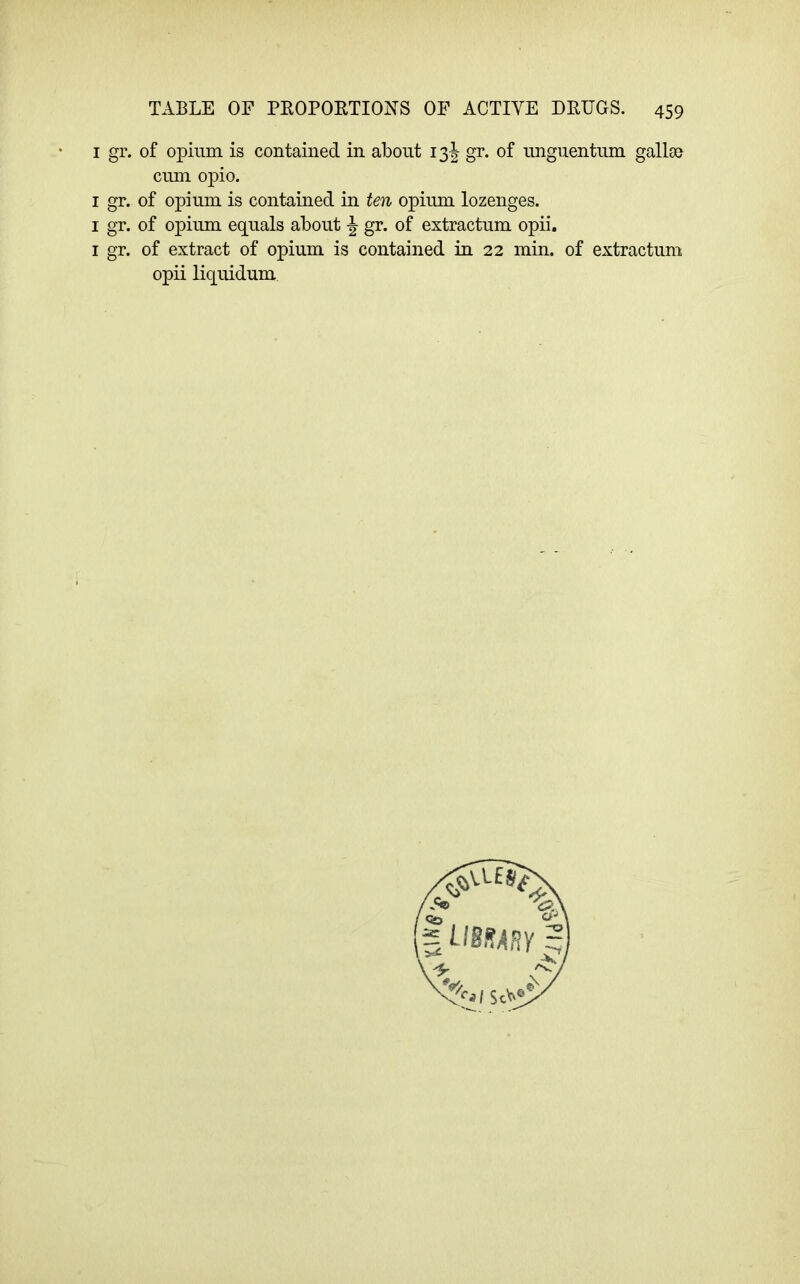 I gr. of opium is contained in about 13I gr. of unguentum galla> cum opio. I gr. of opium is contained in ten opium lozenges. I gr. of opium equals about \ gr. of extractum opii. I gr. of extract of opium is contained in 22 min. of extractum opii liquidum