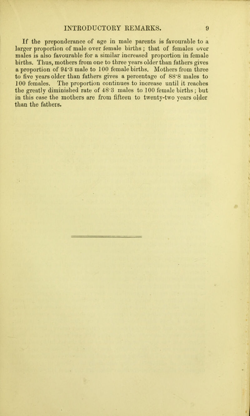 If the preponderance of age in male parents is favourable to a larger proportion of male over female births ; that of females over males is also favourable for a similar increased proportion in female births. Thus, mothers from one to three years older than fathers gives a proportion of 94*8 male to 100 female births. Mothers from three to five years older than fathers gives a percentage of 88*8 males to 100 females. The proportion continues to increase until it reaches the greatly diminished rate of 48'3 males to 100 female births; but in this case the mothers are from fifteen to twenty-two years older than the fathers.