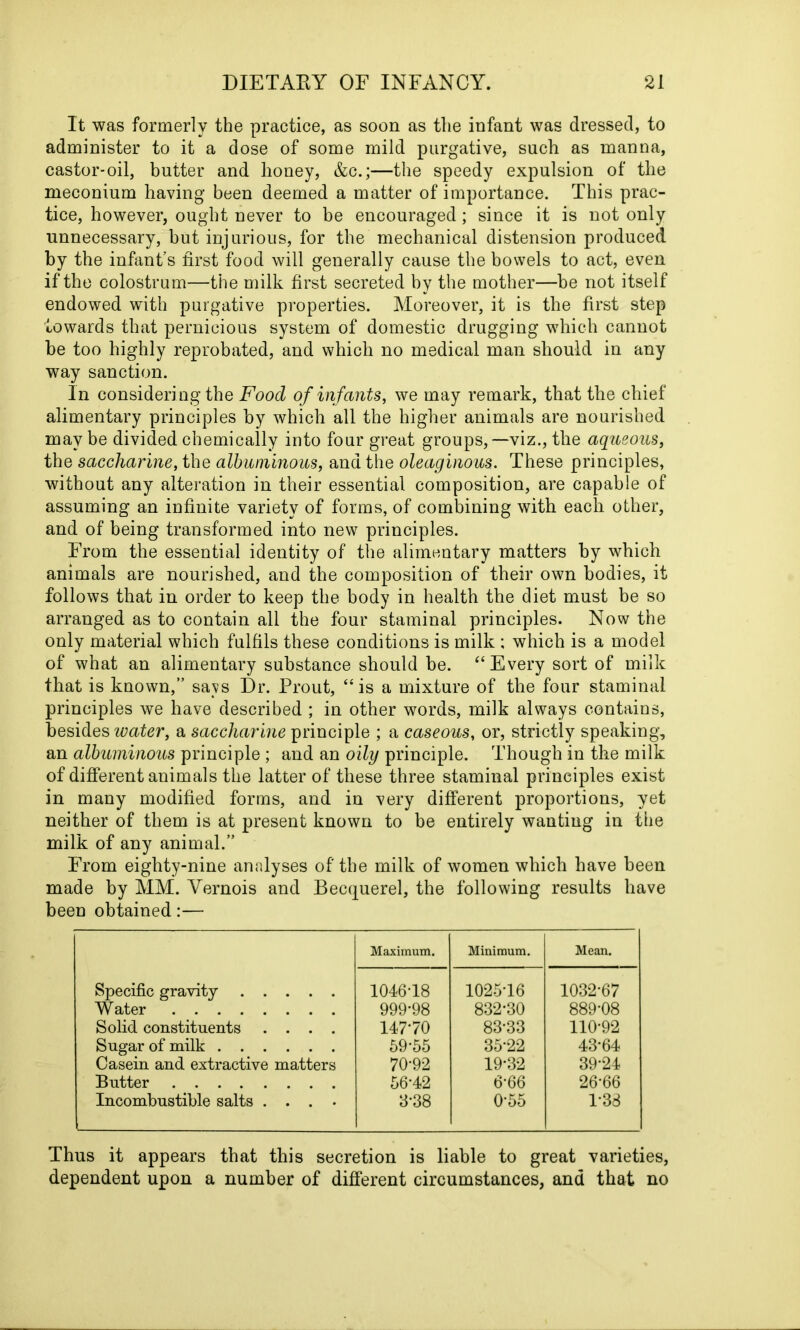 It was formerly the practice, as soon as the infant was dressed, to administer to it a dose of some mild purgative, such as manna, castor-oil, butter and honey, &c.;—the speedy expulsion of the meconium having been deemed a matter of importance. This prac- tice, however, ought never to be encouraged ; since it is not only unnecessary, but injurious, for the mechanical distension produced by the infant’s first food will generally cause the bowels to act, even if the colostrum—the milk first secreted by the mother—be not itself endowed with purgative properties. Moreover, it is the first step towards that pernicious system of domestic drugging which cannot be too highly reprobated, and which no medical man should in any way sanction. In considering the Food of infants, we may remark, that the chief alimentary principles by which all the higher animals are nourished maybe divided chemically into four great groups,—viz., the aqueous, the saccharine, the albuminous, and the oleaginous. These principles, without any alteration in their essential composition, are capable of assuming an infinite variety of forms, of combining with each other, and of being transformed into new principles. From the essential identity of the alimentary matters by which animals are nourished, and the composition of their own bodies, it follows that in order to keep the body in health the diet must be so arranged as to contain all the four staminal principles. Now the only material which fulfils these conditions is milk ; which is a model of what an alimentary substance should be. “ Every sort of milk that is known,” says Dr. Prout, “is a mixture of the four staminal principles we have described ; in other words, milk always contains, besides water, a saccharine principle ; a caseous, or, strictly speaking, an albuminous principle ; and an oily principle. Though in the milk of different animals the latter of these three staminal principles exist in many modified forms, and in very different proportions, yet neither of them is at present known to be entirely wanting in the milk of any animal.” From eighty-nine analyses of the milk of women which have been made by MM. Yernois and Becquerel, the following results have been obtained:— Maximum. Minimum. Mean. Specific gravity 1046*18 1025*16 1032-67 Water 999*98 832-30 889-08 Solid constituents .... 147-70 83-33 110-92 Sugar of milk 59-55 35-22 43-64 Casein and extractive matters 70-92 19-32 39-24 Butter 56-42 6‘66 26-66 Incombustible salts .... 3-38 0-55 1-33 Thus it appears that this secretion is liable to great varieties, dependent upon a number of different circumstances, and that no