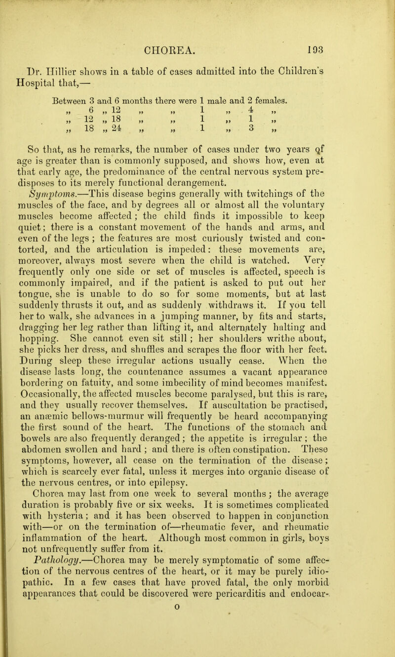 Dr. Hillier shows in a table of cases admitted into the Children’s Hospital that,— Between 3 and 6 months there were 1 male and 2 females. „ 6 „ 12 „ „ 1 „ 4 „ m 12 ,, 18 ,, ,, 1 ,, 1 ,, „ 18 „ 24 ,, }i 1 „ 3 )) So that, as he remarks, the number of cases under two years qf age is greater than is commonly supposed, and shows how, even at that early age, the predominance of the central nervous system pre- disposes to its merely functional derangement. Symptoms.—This disease begins generally with twitchings of the muscles of the face, and by degrees all or almost all the voluntary muscles become affected; the child finds it impossible to keep quiet; there is a constant movement of the hands and arms, and even of the legs ; the features are most curiously twisted and con- torted, and the articulation is impeded: these movements are, moreover, always most severe when the child is watched. Yerv frequently only one side or set of muscles is affected, speech is commonly impaired, and if the patient is asked to put out her tongue, she is unable to do so for some moments, but at last suddenly thrusts it out, and as suddenly withdraws it. If you tell her to walk, she advances in a jumping manner, by fits and starts, dragging her leg rather than lifting it, and alternately halting and hopping. She cannot even sit still; her shoulders writhe about, she picks her dress, and shuffles and scrapes the floor with her feet. During sleep these irregular actions usually cease. When the disease lasts long, the countenance assumes a vacant appearance bordering on fatuity, and some imbecility of mind becomes manifest. Occasionally, the affected muscles become paralysed, but this is rare, and they usually recover themselves. If auscultation be practised, an anaemic bellows-murmur will frequently be heard accompanying the first sound of the heart. The functions of the stomach and bowels are also frequently deranged; the appetite is irregular ; the abdomen swollen and hard ; and there is often constipation. These symptoms, however, all cease on the termination of the disease; which is scarcely ever fatal, unless it merges into organic disease of the nervous centres, or into epilepsy. Chorea may last from one week to several months; the average duration is probably five or six weeks. It is sometimes complicated with hysteria; and it has been observed to happen in conjunction with—or on the termination of—rheumatic fever, and rheumatic inflammation of the heart. Although most common in girls, boys not unfrequently suffer from it. Pathology.—Chorea may be merely symptomatic of some affec- tion of the nervous centres of the heart, or it may be purely idio- pathic. In a few cases that have proved fatal, the only morbid appearances that could be discovered were pericarditis and endocar- o