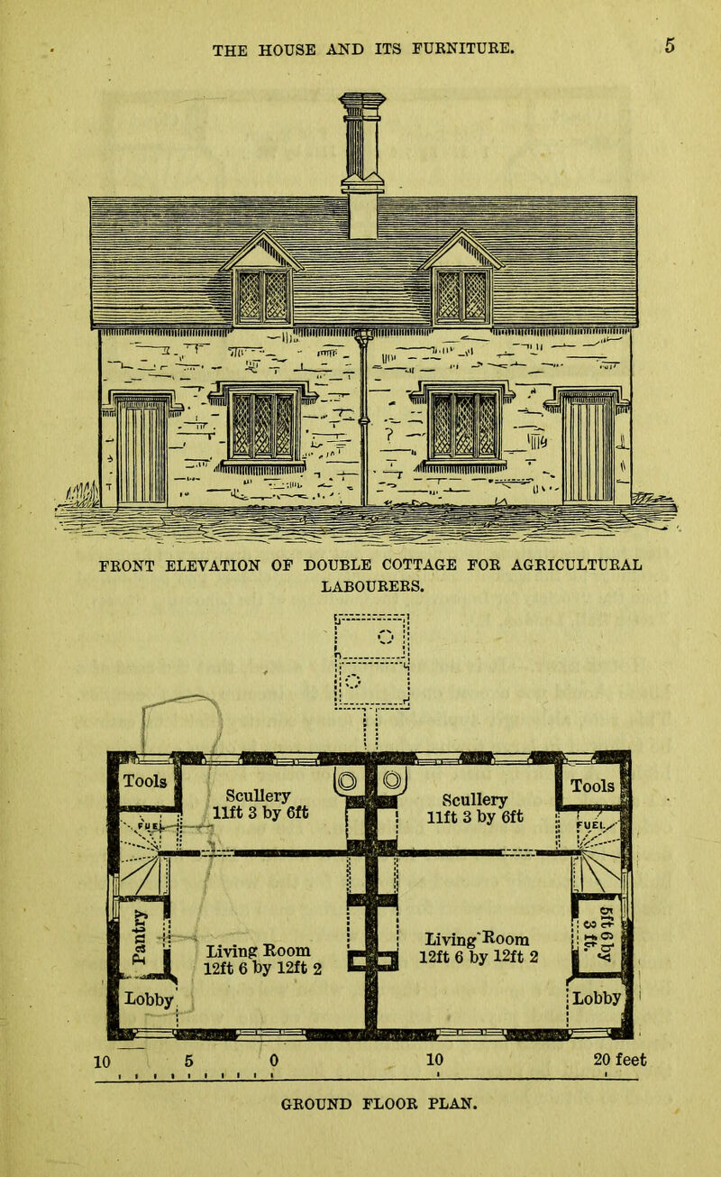 FRONT ELEVATION OF DOUBLE COTTAGE FOR AGRICULTURAL LABOURERS. GROUND FLOOR PLAN.