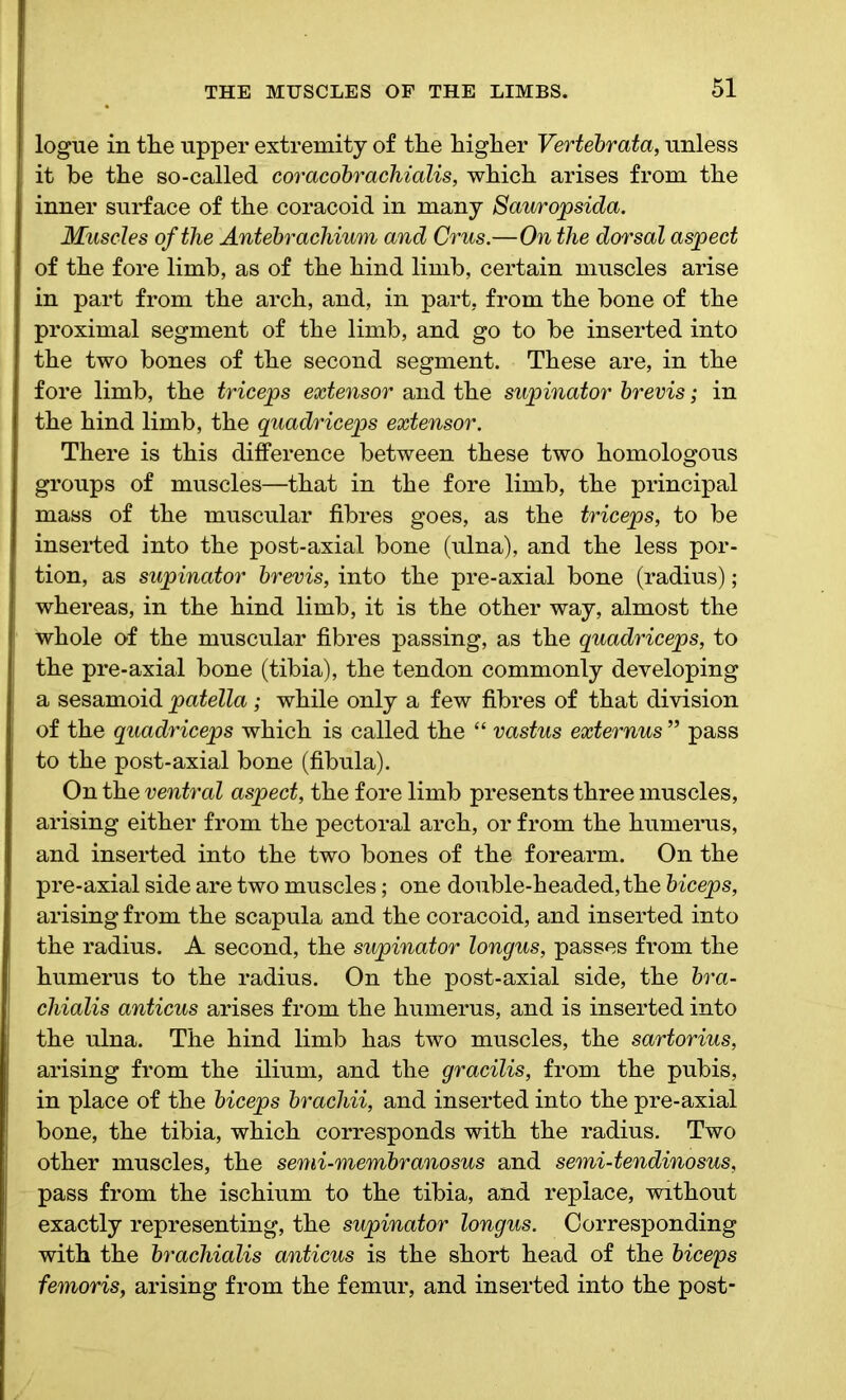 logue in tlie upper extremity of the higher Vertebrata, unless it be the so-called coracobrachialis, which arises from the inner surface of the coracoid in many Sauropsida. Muscles of the Antebrachium and Crus.—On tlie dorsal aspect of the fore limb, as of the hind limb, certain muscles arise in part from the arch, and, in part, from the bone of the proximal segment of the limb, and go to be inserted into the two bones of the second segment. These are, in the fore limb, the triceps extensor and the supinator brevis; in the hind limb, the quadriceps extensor. There is this difference between these two homologous groups of muscles—that in the fore limb, the principal mass of the muscular fibres goes, as the triceps, to be inserted into the post-axial bone (ulna), and the less por- tion, as supinator brevis, into the pre-axial bone (radius); whereas, in the hind limb, it is the other way, almost the whole of the muscular fibres passing, as the quadriceps, to the pre-axial bone (tibia), the tendon commonly developing a sesamoid patella; while only a few fibres of that division of the quadriceps which is called the “ vastus externus ” pass to the post-axial bone (fibula). On the ventral aspect, the fore limb presents three muscles, arising either from the pectoral arch, or from the humerus, and inserted into the two bones of the forearm. On the pre-axial side are two muscles; one double-headed, the biceps, arising from the scapula and the coracoid, and inserted into the radius. A second, the supinator longus, passes from the humerus to the radius. On the post-axial side, the bra- chialis anticus arises from the humerus, and is inserted into the ulna. The hind limb has two muscles, the sartorius, arising from the ilium, and the gracilis, from the pubis, in place of the biceps brachii, and inserted into the pre-axial bone, the tibia, which corresponds with the radius. Two other muscles, the semi-membranosus and semi-tendinosus, pass from the ischium to the tibia, and replace, without exactly representing, the supinator longus. Corresponding with the brachialis anticus is the short head of the biceps femoris, arising from the femur, and inserted into the post-