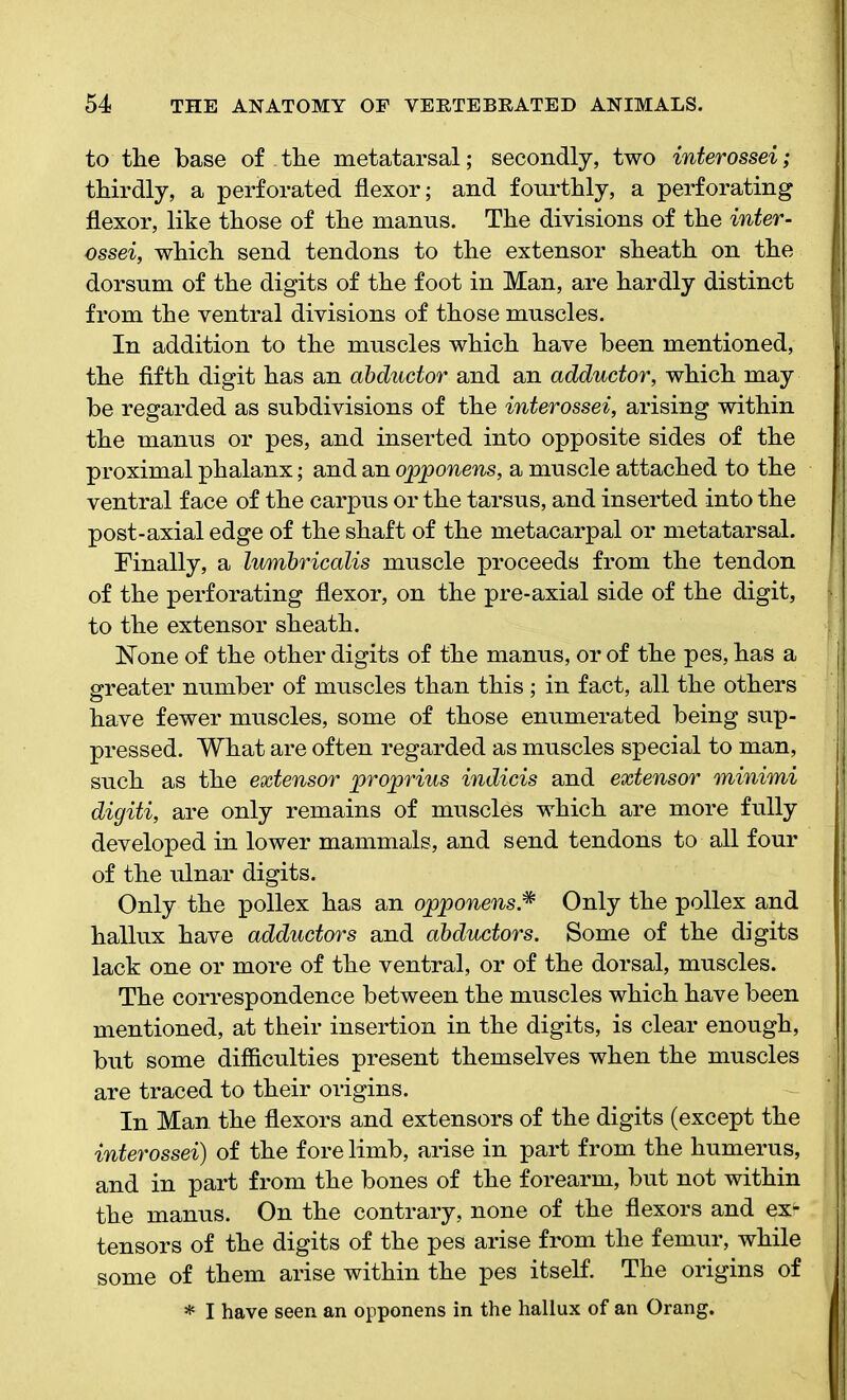 to the base of the metatarsal; secondly, two interossei; thirdly, a perforated flexor; and fourthly, a perforating flexor, like those of the manus. The divisions of the inter- ossei, which send tendons to the extensor sheath on the dorsum of the digits of the foot in Man, are hardly distinct from the ventral divisions of those muscles. In addition to the muscles which have been mentioned, ' the fifth digit has an abductor and an adductor, which may be regarded as subdivisions of the interossei, arising within the manus or pes, and inserted into opposite sides of the proximal phalanx; and an opponens, a muscle attached to the ventral face of the carpus or the tarsus, and inserted into the post-axial edge of the shaft of the metacarpal or metatarsal. Finally, a lumbricalis muscle proceeds from the tendon of the perforating flexor, on the pre-axial side of the digit, to the extensor sheath. None of the other digits of the manus, or of the pes, has a j greater number of muscles than this ; in fact, all the others have fewer muscles, some of those enumerated being sup- pressed. What are often regarded as muscles special to man, such as the extensor proprius indicis and extensor minimi digiti, are only remains of muscles which are more fully developed in lower mammals, and send tendons to all four of the ulnar digits. Only the pollex has an opponens* Only the pollex and hallux have adductors and abductors. Some of the digits lack one or more of the ventral, or of the dorsal, muscles. The correspondence between the muscles which have been mentioned, at their insertion in the digits, is clear enough, but some difficulties present themselves when the muscles are traced to their origins. In Man. the flexors and extensors of the digits (except the interossei) of the fore limb, arise in part from the humerus, and in part from the bones of the forearm, but not within the manus. On the contrary, none of the flexors and ex'- tensors of the digits of the pes arise from the femur, while some of them arise within the pes itself. The origins of * I have seen an opponens in the hallux of an Orang.