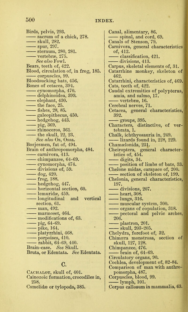 Birds, pelvis, 293. sacrum of a chick, 278. skull, 282. spur, 297. sternum, 280, 281. vertebrae, 275. See also Fowl. Bears, teeth of, 422. Blood, circulation of, in frog, 185. corpuscles, 99. Bloodsucking hats, 456. Bones of cetacea, 394. cynomorpha, 470. delphinoidea, 399. elephant, 430. the face, 25. •* fishes, 28, 85. galeopithecus, 450. hedgehog, 443. pig, 369. rhinoceros, 361- the skull, 22, 23. See also Os, Ossa. Bosjesmen, fat of, 494. Brain of anthropomorpha, 484. carnivora, 413. chimpanzee, 64-69. cynomorpha, 474. divisions of, 59. dog, 420. frog, 188. hedgehog, 447. horizontal section, 60. lemuridse, 459. longitudinal and vertical section, 61. man, 492. marmoset, 464. modifications of, 63. pig, 64-69. pike, 164. platyrrhini, 468. porpoises, 410. rabbit, 64-69, 440. Brain-case. See Skull. Bruta, or Edentata. See Edentata. c. Cachalot, skull of, 401. Cainozoic formation, crocodiles in, 258. Camelidse or tylopoda, 385. Canal, alimentary, 86. spinal, and cord, 69. Canals of Stenson, 79. Carnivora, general characteristics of, 412. classification, 421. divisions, 413. Carpus, skeletal elements of, 31. ; Catarrhine monkey, skeleton of 462. Catarrhini, characteristics of, 469.j Cats, teeth of, 422. Caudal extremities of polypterus, amia, and salmo, 17. vertebrae, 16. Cerebral nerves, 71. Cetacea, general characteristics, 392. groups, 395. Characters, distinctive, of ver- tebrata, 1. Chalk, ichthyosauria in, 249. lizards found in, 228, 229. Chamaelonida, 231. Cheiroptera, general character-; istics of, 454. digits, 34. position of limbs of bats, 33.) Chelone midas, carapace of, 200. section of skeleton of, 199. ] Chelonia, general characteristics, 197. divisions, 207. heart, 308. lungs, 316. muscular system, 300. organs of copulation, 318. pectoral and pelvic arches, 206. plastron, 201. skull, 203-205. Chelydra, forefoot of, 32. Chimsera monstrosa, section of ; skull, 127, 128. Chimpanzee, 476. brain of, 64-69. Circulatory organs, 90. Cochlea, development of, 82-84. Comparison of man with anthro- pomorpha, 487. Corpuscles, blood, 99. lymph, 101. Corpus callosum in mammalia, 63.