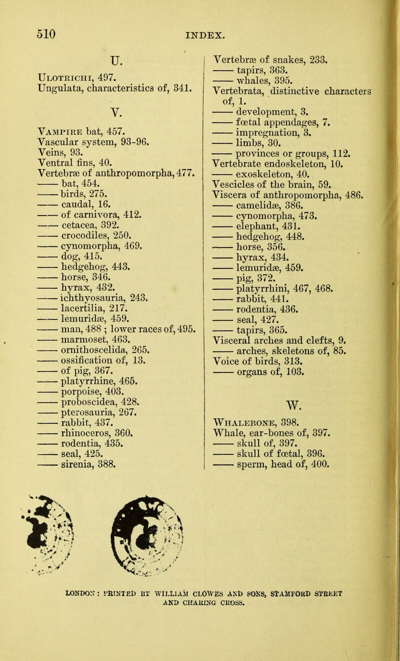 u. Ulotrichi, 497. Ungulata, characteristics of, 341. Y. Vampire bat, 457. Vascular system, 93-96. Veins, 93. Ventral fins, 40. Vertebras of anthropomorpha, 477. bat, 454. birds, 275. caudal, 16. of carnivora, 412. cetacea, 392. crocodiles, 250. cynomorpha, 469. dog, 415. hedgehog, 443. horse, 346. hyrax, 432. ——ichthyosauria, 243. lacertilia, 217. lemuridoe, 459. man, 488 ; lower races of, 495. marmoset, 463. omithoscelida, 265. ossification of, 13. of pig, 367. platyrrhine, 465. porpoise, 403. proboscidea, 428. pterosauria, 267. rabbit, 437. rhinoceros, 360. rodentia, 435. seal, 425. sirenia, 388. Vertebras of snakes, 233. tapirs, 363. whales, 395. Vertebrata, distinctive characters of, 1. development, 3. foetal appendages, 7. impregnation, 3. limbs, 30. provinces or groups, 112. Vertebrate endoskeleton, 10. exoskeleton, 40. Vescicles of the brain, 59. Viscera of anthropomorpha, 486. camelidae, 386. cynomorpha, 473. elephant, 431. hedgehog, 448. horse, 356. hyrax, 434. lemuridae, 459. pig, 372. platyrrhini, 467, 468. rabbit, 441. rodentia, 436. seal, 427. tapirs, 365. Visceral arches and clefts, 9. arches, skeletons of, 85. Voice of birds, 313. organs of, 103. w. Whalebone, 398. Whale, ear-bones of, 397. skull of, 397. skull of foetal, 396. sperm, head of, 400. LONDON : 1’RlNTEb BY WILLIAM CLOWES ANb SONS, STAMFORD STREET AND CHARING CROSS.