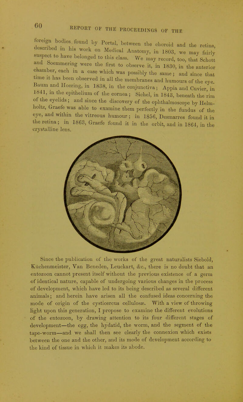 REPORT OF THE PROCEEDINGS OF THE toeg. bod,oh founc1 by PovM, between ,l,e choroid and the retina, de cube , in h,s work on Medical Anatomy, in 1808, we may fairly inspect to have belonged to this class. We may record, too, that Schott and Soemmering were the first to observe it, in 1830, in the anterior chamber, each in a case which was possibly the same; and since that time it has been observed m all the membranes and humours of the eye. Baum and Hoenng, in 1838, in the conjunctiva; Appia and Cuvier, in 1M1, in the epithelium of the cornea; Sichel, in 1843, beneath the rim of the eyelids ; and since the discovery of the ophthalmoscope by Helm- holtz, Graeie was able to examine them perfectly in the fundus of the eye, and within the vitreous humour ; in 1856, Desmarres found it in the retina; in 1863, Graefe found it in the orbit, and in 1864, in the crystalline lens. Since the publication of the works of the great naturalists Siebold, Kiichenmeister, Van Beneden, Leuckart, &c., there is no doubt that an entozoon cannot present itself without the previous existence of a germ of identical nature, capable of undergoing various changes in the process of development, which have led to its being described as several different animals; and herein have arisen all the confused ideas concerning the mode of origin of the cysticercus celluloste. With a view of throwing light upon this generation, I propose to examine the different evolutions of the entozoon, by drawing attention to its four different stages of development—the egg, the hydatid, the worm, and the segment of the tape-worm—and we shall then see clearly the connexion which exists between the one and the other, and its mode of development according to the kind of tissue in which it makes its abode.