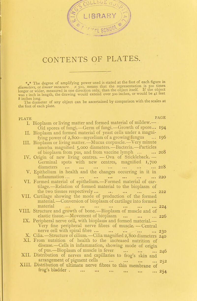 CONTENTS OF PLATES. *#* The degree of amplifying power used is stated at the foot of each figure in diameters, or linear measure, x 500, means that the representation is 500 times longer or wider, measured in one direction only, than the object itself. If the object was 1 inch in length, the drawing would extend over 500 inches, or would be 41 feet 8 inches long. , . . , , The diameter of any object can be ascertained by comparison with the scales at the foot of each plate. PLATE , PAGE I. Bioplasm or living matter and formed material of mildew.— Old spores of fungi.—Germ of fungi.—Growth of spore... 194 II. Bioplasm and formed material of yeast cells under a magni- fying power of 2,800—mycelium of a growing fungus ... 196 III. Bioplasm or living matter.—Mucus corpuscle.—Very minute amoeba magnified 5,000 diameters.—Bacteria.—Particles of bioplasm from pus, and from vaccine lymph ... ... 208 IV. Origin of new living centres. — Ova of Stickleback. — Germinal spots with new centres, magnified 1,700 diameters ... ... ... ... ... ... ... 218 V. Epithelium in health and the changes occurring in it in inflammation... ... ... ... ... ... ... 220 VI. Formed material of epithelium.—Formed material of car- tilage.—Relation of formed material to the bioplasm of the two tissues respectively... ... ... ... ... 222 VII. Cartilage showing the mode of production of the formed material.—Conversion of bioplasm of cartilage into formed material ... ... ... ... ... ... ... 224 VIII. Structure and growth of bone.—Bioplasm of muscle and of elastic tissue.—Movement of bioplasm 226 IX. Peripheral nerve cell, with bioplasm and formed material.— Very fine peripheral nerve fibres of muscle.—Central nerve cell with spiral fibre ... ... ... ... ... 230 X. Cilia.—Structure of cilium.—Cilia magnified 2,800 diameters 240 XI. From nutrition of health to the increased nutrition of disease.—Cells in inflammation, showing mode of oxfigin of pus.—Bioplasm of muscle in fever 246 XII. Distribution of nerves and capillaries to frog’s skin and arrangement of pigment cells 252 XIII. Distribution of ultimate nerve fibres to thin membrane of frog’s bladder