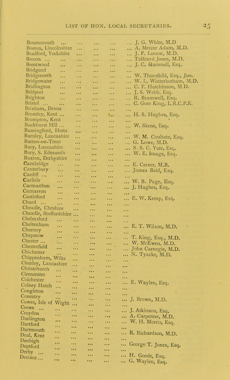 Bournmouth Boston, Lincolnshire Bradford, Yorkshire Brecon ... Brentwood Bridgend Bridgenorth Bridgewater Bridlington Bridport Brighton Bristol ... Brixham, Devon Bromley, Kent ... Brompton, Kent Buckhurst Hill ... Buntingford, Herts Burnley, Lancashire Burton-on-Trent Bury, Lancashire Bury, S. Edmunds Buxton, Derbyshire Cambridge Canterbury Cardiff Carlisle Carmarthen Carnarvon Castleford Chard ... Cheadle, Cheshire Cheadle, Staffordshire , Chelmsford Cheltenham Chertsey Chepstow Chester ... Chesterfield Chichester Chippenham, Wilts Chorley, Lancashire Christchurch Cirencester Colchester Colney Llatch ... Congleton Coventry Cowes, Isle of Wight . Crewe ... Croydon Darlington Dartford Dartmouth Deal, Kent Denbigh Deptford Derby ... Devizes,.. ... J. G. White, M.D ... A. Mercer Adam, M.D. ... J. F. Leeson, M.D. ... Talfourd Jones, M.D. ... J. C. Quenncll, Esq. ... W. Thursficld, Esq., Jun. ... W. L. Winterbotham, M.D ... C. F. Hutchinson, M.D. ... J. S. Webb. Esq. ... R. Bramwell, Esq. ... C. Gore King, L.R.C.P.E. ... H. S. Hughes, Esq. ... W. Skene, Esq. ... W. M. Coultate, Esq. ... G. Lowe, M.D. ... S. S. C. Yute, Esq. ... W. E. Image, Esq. ... E. Carver, M.B. ... James Reid, Esq. ... W. B. Page, Esq. ... J. Hughes, Esq. ... E. W. Kemp, Esq. ... E. T. Wilson, M.D. ... T. King, Esq., M.D. ... W. McEwen, M.D. ... John Carnegie, M.D. ... N. Tyacke, M.D. ... E. Waylen, Esq. ... J. Brown, M.D. ... J. Atkinson, Esq. ... A. Carpenter, M.D. ... W. H. Morris, Esq. ... R. Richardson, M.D. ... George T. Jones, Esq. ... II. Goode, Esq. ... G. Waylen, Esq.