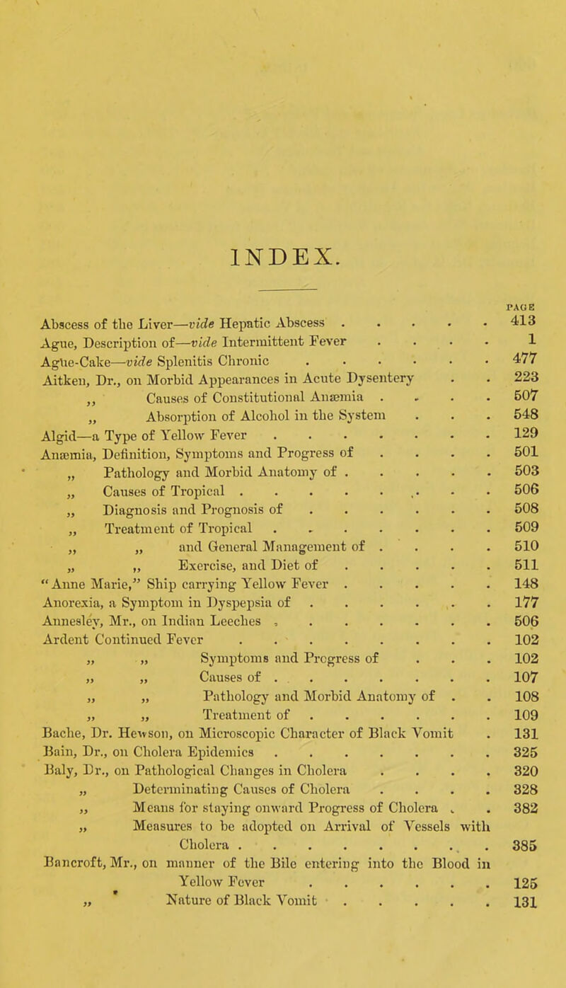 INDEX. Abscess of the Liver—vide Hepatic Abscess Ague, Description of—vide Intermittent Fever Aglie-Cake—-vide Splenitis Chronic Aitken, Dr., on Morbid Appearances in Acute Dysentery „ Causes of Constitutional Anseniia . ,, Absoi’ption of Alcohol in the System Algid—a Type of Yellow Fever .... Anajmia, Definition, Symptoms and Progress of „ Pathology and Morbid Anatomy of . „ Causes of Tropical ..... „ Diagnosis and Prognosis of . . . „ Treatment of Tropical .... „ „ and General Management of . „ „ Exercise, and Diet of “Anne Marie,” Ship can-ying Yellow Fever . Anorexia, a Symptom in Dyspepsia of . Annesley, Mr., on Indian Leeches , . . . Ardent Continued Fever ,, „ Symptoms and Progress of „ „ Causes of . . „ „ Pathology and Morbid Anatomy of ,, „ Treatment of . Bache, Dr. Hewson, on Microscopic Character of Black Vomi Bain, Dr., on Cholera Epidemics .... Baly, Dr., on Pathological Changes in Cholera „ Determinating Causes of Cholera „ Means lor staying onward Progress of Cholera „ Measures to be adopted on Arrival of Vessels with Cholera ..... Bancroft, Mr., on manner of the Bile entering into the Blood in Yellow Fever „ Nature of Black Vomit PAGE 413 1 477 223 607 548 129 501 503 506 508 509 510 511 148 177 606 102 102 107 108 109 131 325 320 328 382 385 126 131