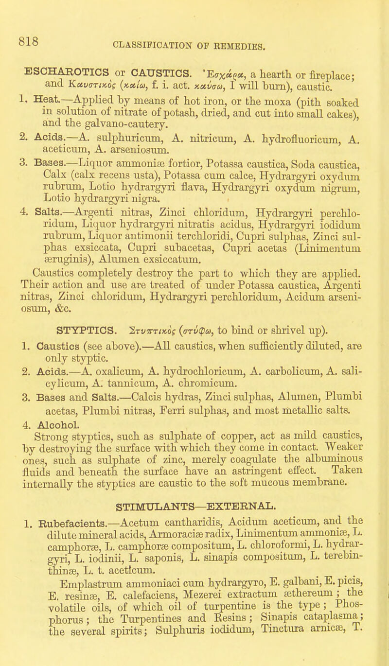 ESCHAROTICS^ or CAUSTICS. a heartli or fireplace; and Kxvi7t/xo^ (««/«, f. i. act. xxticra, I wiU biu-n), caustic. 1. Heat.—Applied by means of hot iron, or the moxa (pith soaked in solution of nitrate of potash, dried, and cut into small cakes), and the galvano-cautery. 2. Acids.—A. sulphuricum, A. nitricum, A. hydrofluoricum, A. aceticum, A. arseniosum. 3. Bases.—Liquor ammoniee fortior, Potassa caustica. Soda caustica, Calx (calx recens usta), Potassa cum calce, Hydrargyri oxydimi rubrum, Lotio hydrargyri fiava, Hydrargyri oxydum nigrum, Lotio hydrargyri nigra. 4. Salts.—Argenti nitras, Zinci chloridum, Hydrargyri perchlo- ridum. Liquor hydrargyri nitratis acidus, Hydrargyri iodidum rubrum. Liquor antimonii terchloridi, Cupri sulphas, Zinci sul- phas exsiccata, Cupri subacetas, Cupri acetas (Linimentum serugmis), Alumen exsiccatum. Caustics completely destroy the part to which they are applied. Their action and use are treated of under Potassa caustica, Argenti nitras, Zinci chloridum, Hydrargyri perchloridum, Acidum arseni- osum, &c. STYPTICS. l.Tvvrix.oi {arv(pa, to bind or shrivel up). 1. Caustics (see above).—All caustics, when sufficiently diluted, are only styptic. 2. Acids.—A. oxalicum, A. hydrochloricum, A. carboliciun, A. sali- cyhcum, A. tannicum, A. chromicmn. 3. Bases and Salts.—Calcis hydras, Zinci sulphas, Alumen, Plumbi acetas, Plumbi nitras, Ferri sulphas, and most metallic salts. 4. Alcohol. Strong styptics, such as sulphate of copper, act as mild caustics, by destroying the surface with which they come in contact. Weaker ones, such as sulphate of zinc, merely coagffiate the albuminous fiuids and beneath the surface have an astringent effect. Taken internally the styptics are caustic to the soft mucous membrane. STIMULANTS—EXTERNAL. 1. Rubefacients.—Acetum cantharidis, Acidima aceticum, and the dilute mineral acids, Armoracise radix, Linimentum ammonice, L. camphorse, L. camphorae compositum, L. chlorofornii, L. hydrar- gyri, L. iodinii, L. saponis, L. smapis compositum, L. terebin- tbiufiR, L. t. aceticum. Emplastrum ammoniaci cum hydrargyro, E. galbani, E. picis, E. resinee, E. calefaciens, Mezerei extractimi sethereum ; the volatile oUs, of which oil of turpentine is the type; Phos- phorus ; the Turpentines and Kesins ; Sinapis cataplasma; the several spirits; Sulphuris iodidum, Tinctura arnicae, T.