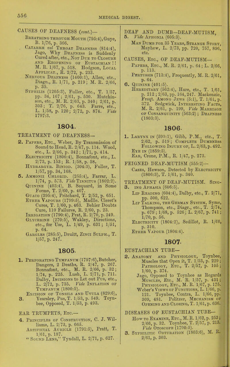MEDICAL DIGEST. CAUSES OF DEAFNESS {cont.)— Bkeathing THROUGH MoUTH (795:4), GuTC, B. 1/76, p. 366. , Catarrh vel Throat Deafness (814:4), Jago, Why Deafness is Suddenly Cured after, etc.. Not Due to Closure AND BeOPENING OF EuSTACHlAN ! ! M. R. 1/67, p. 518. Hodgson, Local Applicat., R. 2/72, p. 233. Nervous Deafness (1400:1), Allen, etc., Diagn., R. 1/71, p. 219; M. R. 2/66, p. 35. Syphilis (1205:3), FuUer, etc., T. 1/57, pp. 34, 167; 2/61, p. 530. Hutchin- son, etc., M. R. 2/63, p. 340; 2/61, p. 303; T. 2/76, p. 643. Farre, etc., L. 1/58, p. 120; 2/72, p. 874. Vide 1797:3. 1804. TREATMENT OF DEAFNESS— 2. Papers, Etc., Weher, By Transmission of Sound to Head, R. 2/47, p. 114. Wood, etc., L. 2/66, p. 342; 1/71, p. 414. Electricity (1806:4), Bonnafont, etc., L. 2/73, p. 153; R. 1/58, p. 58. Hydrargyr. Biniod. (304:3), Fuller, T. 1/57, pp. 34, 168. 5. Ammonii Chlorid. (255:4), Farrar, L. 1/74, p. 573. Tinnitus (1802:2). Quinine (403:4), B. Sequard, in Some Forms, T. 2/60, p. 407. Guaco (395:4), Pritchard, T. 2/52, p. 651. Ether Vapours (1799:5), MadBe. Cleret’s Cures, T. 1/60, p. 463. Behier Doubts Cure, 110 Failures, R. 2/60, p. 23. Irrigation (1790:4), Prat, R. 2/70, p. 249. Glycerine (270:5), Wakley, Directions, etc., for Use, L. 1/49, p. 631; 1/51, p. 64. Gargles (285:5), Druitt, Zinci Sulph., T. 1/57, p. 247. 1805. 1. Perforating Tympanum (1797:6),Butcher, Dangers, 2 Deaths, R. 2/47, p. 267. Bonnafont, etc., M. R. 2/66, p. 32; 1/74, p. 225. Lush, L. 2/71, p. 711. Dalby, Incisions to Let out Pus, etc., L. 2/72, p. 735. Vide Inflation of Tympanum (1800:5). Excision of Tonsils and Uvula (829:6), 3. Yearsley, Pus, T. 1/53, p. 549. Toyn- bee, Opposed, T. 1/53, p. 493. EAR TRUMPETS, Etc.— 4. Principles of Construction, C. J. Wil- liams, L. 2/73, p. 665. Artificial Auricle (1791:5), Pratt, T. 1/61, D. 187. “ Sound Lens,” Tyndall, L. 2/71, p. 627. DEAF AND DUMB—DEAF-MUTISM, 5. Vide Aphonia (605:3). Man Dumr for 35 Years, Strange Story, Mayhew, L. 2/73, pp. 720, 757, 896, etc. CAUSES, Etc., OF DEAF-MUTISM- Papers, Etc., M. R. 2/61, p. 64; L. 2/66, p. 113. Pertussis (713:4), Frequently, M. R. 2/61, p. 64. 6. Quinine (401:5). Hereditary (562:4), Hare, etc., T. 1/61, p. 212 ; 2/63, pp. 164,247. Mackenzie, Freqt. Among Jews (5:1), T. 1/61, p. 372. Sedgwick, Interesting Facts, M. R. 2/61, p. 199, Vide Marriage OF Consanguinity (563:2); Deafness (1803:3). 1806. 1. Larynx IN (599:1), Gibb, P.M., etc., T. 2/62, p. 519 ; Complete Dumbness Following Injury of, L. 2/63, p. 492. Eye in (1859:5). Ear, Crone, P.M., R. 1/47, p. 273. FEIGNED DEAF-MUTISM (555:2)— Cases, Hewson, Detected by Electricity (1806:3), T. 1/61, p. 340. TREATMENT OF DEAF-MUTISM. Sing- 3. iNG Aphasia (606:5). Lip Reading (604:4), Dalby, etc., T. 2/71, pp. 500, 622. Lip Talking, the German System, Syme, Thompson, etc., Diagr., etc., T. 2/74, p. 679 ; 1/68, p. 526; L. 2/67, p. 741; 1/70, p. 56. Electricity (1804:2), Sedillot, R. 1/60, p. 310. Ether Vapour (1804:4). 1807. EUSTACHIAN TUBE— 2. Anatomy and Physiology, Toynbee, Muscles that Open it, T. 1/53, p. 229 ; Pathology, Etc., T. 2/57, p. 105; 1/60, p. 374. Jago, Opposed to Toynbee as Regards Muscles, Etc., M. R. 1/57, p. 431; Phy.siology, Etc., M. R. 1/67, p. 175. Weber’s Views of Functions, L. 1/66, p. 121. Toynbee, Contra, L. 1/66, pp. 309, 481. Politzer, Mechanism of Opening AND Closing, T. 1/61, p. 636. DISEASES OF EUSTACHIAN TUBE— How TO Examine, Etc., M. R. 1/62, p. 253 ; 2/66, p. 32. Toynbee, T. 2/57, p. 213. Vide Otoscope (1790:5). 3. Syphilitic Obturation (1803:6), M. R. 2/61, p. 303.