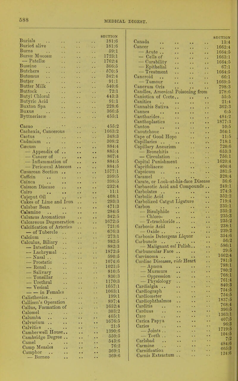 Burials SECTION 181:6 Buried alive 181:6 Burns 59:1 Bursm Muoosm 1723:1 — Patellrc 1762:4 Bussine 366:5 Butchers 570:5 Butomus 342:4 Butter 91:1 Butter hlilk . . 540:6 Buttock 72:1 Butyl Chloral , , 443:3 Butyric Acid . , 91:1 Buxton Spa 228:6 Buxus 366:5 Byttneriacce 455:1 Cacao 455:2 Cachexia, Cancerous 1663:2 Cactus 348:3 Cadmium 308:2 Cmcum , 884:4 — Appendix of .. • « • 885:4 — Cancer of • • 867:4 — Inflammation of 884:5 — Pericmcal Abscess 884:5 Caesarean Section ., 1577:1 Caffein 399:5 Cainca 398:5 Caisson Disease , , 232:4 Cairo 11:1 Cajeput Oil 408:1 Cakes of Lime and Iron , , • 293:3 Calabar Bean 471:3 Calamine , , 284:5 Calamus Aromaticus , , 342:5 Calcareous Degeneration 1672:5 Calcification of Arteries 721:6 — of Tubercle .. , , 676:3 Calcium 273:1 Calculus, Biliary .. 982:5 — Intestinal , , . , 882:3 — Lachrymal . . . . 1872:5 — Nasal .. . , 590:5 — Prostatic 1074:6 — Renal .. , , 1021:5 — Salivary . . 810:5 — Tonsillar , 830:3 — Urethral 1170:3 — Vesical 1057:1 in Females , 1063:1 Calisthenics.. . . 199:1 Callisen’s Operation 897:4 Callus, Formation of . , 1652:4 Calomel . « . . 303:2 Calumba . . 465:1 Calvarium .. • • 1676:5 Calvitits • . . 21:5 Camberwell House.. • • • • 1390:6 Cambridge Degree .. , , ‘ , , 650:5 Camel . • • • 543:6 Camp Measles . • . • 76:2 Camphor . • • . 369:1 — Borneo • . • • 369:6 bECTIOX 13:4 1662:4 1664:5 1663:1 1664:5 67:1 1664:5 66:1 1669:5 798:3 Candles, Arsenical Poisoning from 278:6 Caniotica of Crete.. 55:5 Canities 21:4 Cannabis Saliva 362:3 Cannes .. .. 6:5 Cantharides.. 484:2 Canthoplastics 1877:3 Canton 10:5 Caoutchouc 364:1 Cape of Good Hope 11:5 Capillaries .. 718:1 Capillary Aneurism . • 720:6 — Bronchitis 653:3 — Circulation .. 756:1 Capital Punishment • . 1620:4 Caprifoliacem . « 404:4 Capsicum .. • • 381:5 Caramel , . 328:4 Carate, or Look-at-his-face Disease 36:6 Carbazotic Acid and Compounds 249:1 Carbolates .. 274:3 Carbolic Acid 352:2 Carbolized Catgut Ligature • . 719:4 Carbon , , 235:1 — Bisulphide . 235:2 — Chloro- . 235:3 — Tetrachloride .. 235:2 Carbonic Acid 238:1 — Oxide .. , . 239:2 Carbonis Detergens Liquor » 354:6 Carbuncle .. 56:2 — Malignant vel Polish.. 586:1 Carbuncular Face .. . 29:5 Carcinoma .. • 1662:4 Cardiac Diseases, vide Heart . 781:3 — Apnoea 788:1 — Murmurs 780:2 — Oppression 768:1 — Ph3'siology .. 761:4 Cardialgia .. 840:3 Cardiograph • • 754:5 Cardioineter 754:5 Cardiophthalmos 1837:5 Carditis 768:4 Carduus • . 396:5 Care . . 1363:1 Carica Papya . . 407:5 Caries . . 96:3 — Joints .. . . 1719:5 — Teeth .. . . 104:5 Carlsbad . . 1.2 Carmine . > 484:6 Carnifleatio:! 665:3 Carnis Extractum .. 124:6 Canada Cancer — Acute .. — Cells of — Curability — Epithelial — Treatment Cancroid — Tumour Cancrum Oris