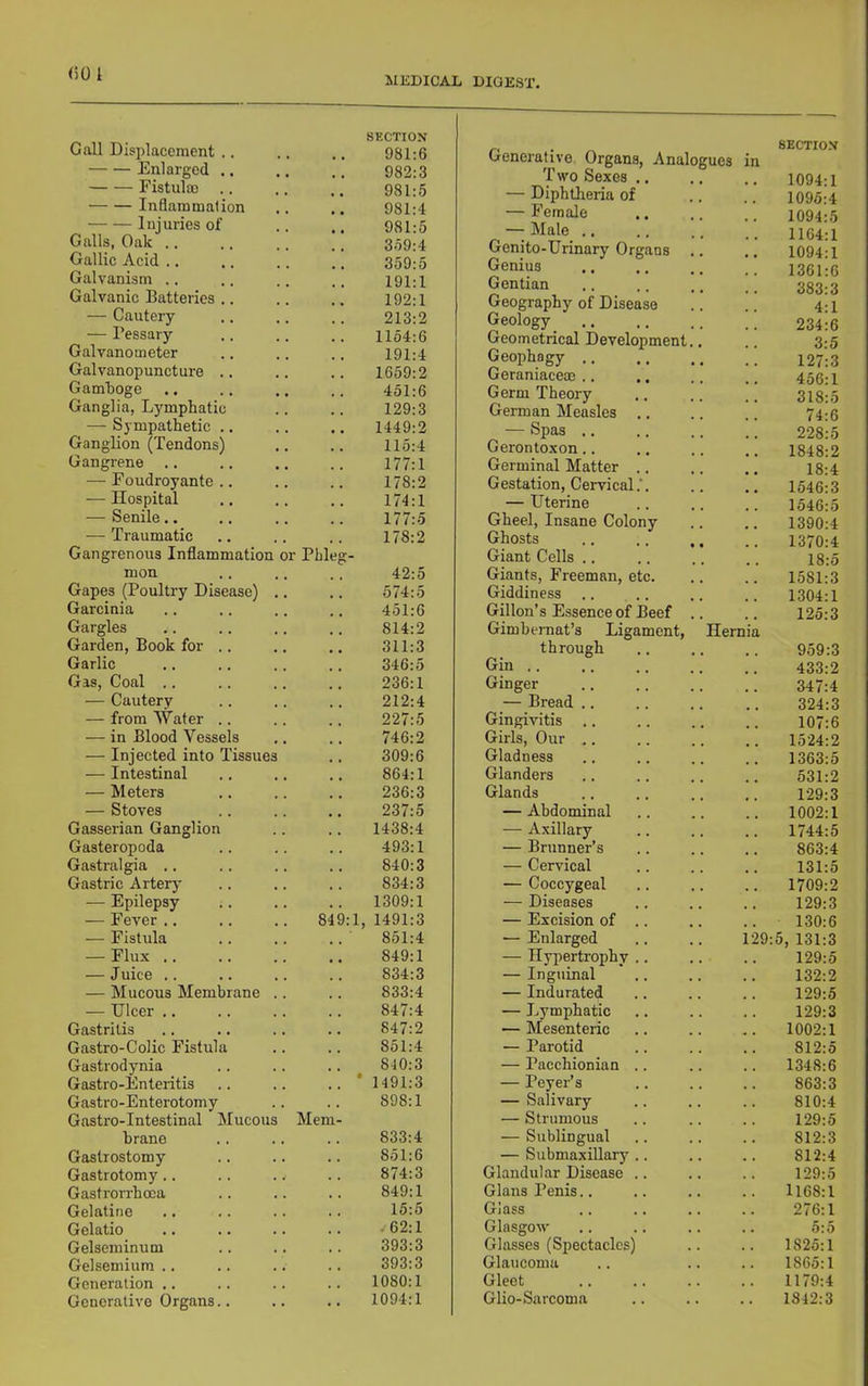 Gall Displacement .. SECTION 981:6 Enlarged .. 982:3 Fistula) .. 981:5 Inflammation 981:4 Injuries of 981:5 Galls, Oak .. 359:4 Gallic Acid .. 359:5 Galvanism .. 191:1 Galvanic Batteries .. 192:1 — Cautery 213:2 — Pessary 1154:6 Galvanometer 191:4 Galvanopuncture .. 1659:2 Gamkoge 451:6 Ganglia, Lymphatic 129:3 —• Sympathetic .. 1449:2 Ganglion (Tendons) 115:4 Gangrene 177:1 — Foudroyante .. 178:2 — Hospital 174:1 — Senile.. 177:5 — Traumatic Gangrenous Inflammation or Pbleg- 178:2 mon 42:5 Gapes (Poultry Disease) 574:5 Garcinia 451:6 Gargles 814:2 Garden, Book for .. 311:3 Garlic 346:5 Gas, Coal .. 236:1 — Cautery 212:4 — from Water .. 227:5 — in Blood Vessels 746:2 — Injected into Tissues 309:6 — Intestinal 864:1 — Meters 236:3 — Stoves 237:5 Gasserian Ganglion 1438:4 Gasteropoda 493:1 Gastralgia .. 840:3 Gastric Artery 834:3 — Epilepsy 1309:1 — Fever .. 849:1 1491:3 — Fistula 851:4 — Flux .. 849:1 — Juice .. 834:3 — Mucous Membrane 833:4 — Ulcer .. 847:4 Gastritis 847:2 Gastro-Colic Fistula 851:4 Gastrodynia 810:3 Gastro-Enteritis 1491:3 Gastro-Enterotom y Gastro-Intestinal Mucous Mem- 898:1 brane 833:4 Gastrostomy 851:6 Gastrotomy.. 874:3 Gastrorrhoca 849:1 Gelatine 15:5 Gelatio 62:1 Gelscminum 393:3 Gelsemium .. 393:3 Generation .. 1080:1 Generative Organs.. 1094:1 Generative Organs, Analogues in SECTION Two Sexes .. 1094:1 — Diphtheria of 1095:4 — Female 1094:5 — Male .. 1164:1 Genito-Urinary Organs .. 1094:1 Genius 1361:6 Gentian 383:3 Geography of Disease 4:1 Geology 234:6 Geometrical Development.. 3:5 Geophagy .. 127:3 Geraniacem .. 456:1 Germ Theory 318:5 German Measles .. 74:6 — Spas .. 228:5 Gerontoxon.. 1848:2 Germinal Matter .. 18:4 Gestation, Cervical.'. 1546:3 — Uterine 1546:5 Gheel, Insane Colony 1390:4 Ghosts 1370:4 Giant Cells .. 18:5 Giants, Freeman, etc. 1581:3 Giddiness 1304:1 Gillon’s Essence of Beef .. Gimbernat’s Ligament, Hernia 125:3 through 959:3 Gin .. 433:2 Ginger 347:4 — Bread .. 324:3 Gingivitis .. 107:6 Girls, Our .. 1524:2 Gladness 1363:5 Glanders 531:2 Glands 129:3 — Abdominal 1002:1 — Axillary — Brunner’s 1744:5 863:4 — Cervical 131:5 — Coccygeal 1709:2 — Diseases 129:3 — Excision of .. 130:6 — Enlarged 129:5, 131:3 — Hypertrophy .. 129:5 — Inguinal 132:2 — Indurated 129:5 — Lymphatic 129:3 — Mesenteric 1002:1 — Parotid 812:5 — Pacchionian .. 1348:6 — Payer’s 863:3 — Salivary 810:4 — Strumous 129:5 — Sublingual 812:3 •— Submaxillary .. 812:4 Glandular Disease .. 129:5 Glaus Penis.. 1168:1 Glass 276:1 Glasgow 5:5 Glasses (Spectacles) 1825:1 Glaucoma 1865:1 Gleet 1179:4 Glio-Sarcoma 1842:3