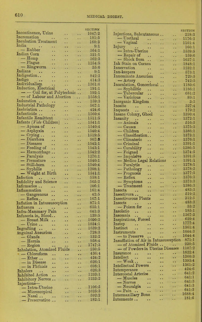 MEDICAL DIGEST, Incontinence, Urine SECTION 1047:2 Incremation 181:5 Incubation Treatment 160:3 India 9:1 — Rubber 364:1 Indian Com 321:1 — Hemp 362:3 — Plague 1254:5 — Ringworm 35:6 Indians 9:1 Indigestion.. 842:2 Indigo _ .. 414:3 Individualism 1361:6 Induction, jfilectrical 191:1 Coil for, at Polytechnic 192:1 — of Labour and Abortion 1558:1 Induration .. 159:3 Industrial Pathology 567:1 Inebriation .. 424:6 Infanticide ,. 1560:4 Infantile Remittent 1511:5 Infants {Vide Children) 1541:1 — Apncea of 1540:4 — Asphyxia .. 1540:4 — Crying .. 1519:5 — Diarrhoea 907:5 — Diseases 1542:1 — Peeding of 1543:1 — Haemorrhage .. 1542:2 — Paralysis 1276:1 — Premature 1540:1 — StiR-born 1540:4 — Syphilis 1208:1 — Weight at Birth 1541:1 Infection 558:1 Infidelity and Science 565:2 Infirmaries .. 206:1 Inflammation 161:4 — Gangrenous ., 42:5 — Reflex,. 167:1 Inflation in Intussusception 871:1 Influenza .. 655:1 Infra-Mammary Pain 641:3 Infusoria in. Blood.. 139:5 — Breast Milk .. 1600:2 — Urine .. 1034:1 Ingrafting .. 1639:2 inguinal Aneurism 728:3 — Glands 132:2 — Hernia 958:4 — Region 1747:3 Inhalation, Atomized Fluids 230:5 - — Chloroform .. 436:4 — Ether .. 434:2 — in Disease 626:1 — in Phthisis 698:1 Inhalers 626:3 Inhibited Action .. 1233:1 Inhibitory Nerves .. 1233:2 Injections— — Intra-Uterine 1106:5 — Microscopical 1625:3 — Nasal .. 592:2 — Preservative .. 182:1 Injections, Subcutaneous .. SECTION 218:3 — Urethral 1176:2 — Vaginal 1101:4 Injury 160:1 — Intra-Uterine 1539:5 — Repair of 159:6 — Shock from .. 1637:1 Ink Stain on Cornea 1848:1 Innervation 1232:1 Inn-keepers 573:1 Innominate Aneurism 729:5 — Artery 742:5 Inoculation, Gonorrhoeal .. 1180:6 — Syphilitic . 1186:1 — Tubercular ,. 681:2 — Variolous 89:1 Inorganic Kingdom 3:3 Inosite 327:4 Inquests 179:2 Insane Colony, Gheel . 1390:4 Insanity 1372:1 — Animals 516:5 — Causes 1375:3 — Children 1386:1 — Classification.. 1373:1 — Climateric 1376:1 — Criminal 1391:1 — Curability 1386:5 — Feigned 1374:5 — Impulsive 1391:5 — Medico Legal Relations 1391:1 — Paralytic . 1278:1 — Pathology . 1378:2 — Prognosis . 1377:5 — Reflex . 1376:3 — Symptoms 1373:3 — Treatment 1386:3 Insecta 483:3 Insectivora .. 519:2 Insectivorous Plants 312:5 Insects 483:3 — Poison for 33:2 Insolatio 185:1 Insomnia .. 1367:3 Inspirations, Forced 629:4 Instep 1777:4 Instinct 1361:4 Instruments 1644:3 — to Preserve .. 1644:4 Insufflation of Air in Intussusception 871:1 — of Atomized Fluids ,. 230:5 — of Powders in Uterine Disea ses 1107:2 Insurance .. 1622:4 Intellect , 1360:3 — Weak .. 1393:4 Intellectual Powers 1361:2 Intemperance 424:6 Intercostal Arteries . 641:2 — Muscles 641:1 — Nerves 641:3 — Neuralgia 641:3 — Pain .. 641:3 Intermaxillary Bone 1688:4 Interments .. 181:6