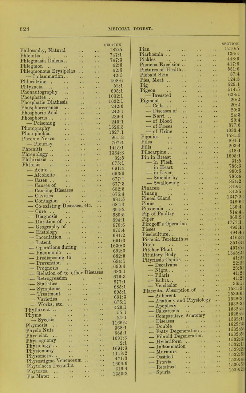 Philosophy, Natural Phlebitis Phlegmasia Dolens.. Phlegmon .. Phlegmonous Erysipelas .. — Inflammation., Phloridzine .. Pblyzacia .. Phonautography Phosphates .. Phosphatie Diathesis Phosphoreseenee Phosphoric Acid Phosphorus .. — Poisoning Photography .. .. . • Photophobia Phrenic Nerve — Pleurisy Phrenitis Phrenology .. Phthiriasis .. Phthisis — Acute .. — Alcoholic — Cases .. — Causes of — Causing Diseases — Cavities — Contagion — Co-existing Diseases, etc. .. — Cure .. .. • • • • — Diagnosis — Duration of .. — Geography of — Histology — Inoculation .. — Latent .. — Operations during .. — Pneumonic — Predisposing to — Prevention — Prognosis .. • ■ _ — Relation of to other Diseases — Retrogression — Statistics — Symptoms — Treatment — Varieties — Works, etc. .. PhyUoxera Phyma — Sycosis Phymosis Physic Nuts Physician .. Physiognomy Physiology .. Physionomy Physometra.. Physostigma Venenosum .. Phytolacca Decandra Phytozoa Pia Mater .. SECTION 182:6 747:1 747:3 42:5 42:5 42:5 408:6 52:1 605:1 1032:1 1032:1 242:6 242:1 239:4 240:1 1626:3 1827:1 961:3 Plan Piarhoemia .. Pickles Picrmna Excelsior .. Pictures of Health.. Piebald Skin Pies, Meat .. Pig Pigeon — Breasted Pigment — Cells .. — Diseases of .. — Ntevi .. — of Blood — of Fteces — of Urine Pigmies 707:4 1415:1 1364:3 32:5 675:1 691:4 693:6 677:1 677:3 682:5 676:4 681:5 684:4 694:2 689:5 694:1 678:6 675:4 681:2 691:3 1630:3 692:3 682:5 694:1 690:4 683:1 676:3 677:1 685:1 695:1 691:3 675:1 420:1 55:1 24:1 1166:2 368:1 565:1 1691:3 2:1 1691:3 1119:2 471:3 1606:6 316:4 1350:3 Piles Pills Pilocarpine .. Pin in Breast — in Flesh — in Heart — in Liver — Suicide by .. — Swallowing .. PinaceDB Pinang Pineal Gland Pinus Pioxaemia Pip of Poultry Piper Pirogoff’s Operation Pisces Pisciculture.. Pistacia Terebinth us Pitch Pitcher Plant Pituitary Body Pityriasis Capitis .. — Decalvans — Nigra .. — Pilaris — Rubra.. — Versicolor Placenta, Absorption of .. — Adherent — Anatomy and Physiolo — Apoplexy — Calcareous — Comparative Anatomy — Diseases — Double .. _ Fatty Degeneration .. Fibroid Degeneration y — Hydatiform .. — Inflammation — Murmurs — Ossified — Prmvia — Retained — Spuria SECTION 1210:5 136:4 448:6 417:6 551:6 37:4 124:3 529:1 514:5 638:1 20:2 20:2 20:3 24:3 20:4 877:6 1033:4 1581:3 894:1 203:4 418:1 1605:1 31:5 786:3 980:6 786:4 854:2 349:1 342:5 1347:2 348:6. 136:4 514:4 365:2: 1777:1 495:1. 494:41 416:31 351:3; 457:5 1345:2: 41:2. 22:2: 28:5 41:2: 41:2. 36:1 1531:3 1530:6 1528:3 1532:3 1532:5 1528:5 1532:1 1529:2- lo32:5 1532:5 1532:3 1532:1 1529:2. 1532:5' 1529:4- 1530:5 1529:2-