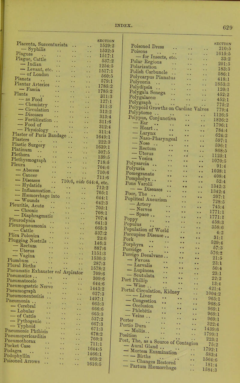 6, vide Placenta, Succenturiata — Syphilis — Levant, etc. .. — of London Planets Plantar Arteries — Fascia Plants — as Food — Chemistry — Circulation .. — Diseases — Fertilization .. — Food of — Physiology .. Plaster of Paris Bandage Plasters Plastic Surgery Platinum Plethora Plethysmograph Pleura — Abscess — Cancer — Diseases ., 71 — Hydatids — Inflammation.. — Haemorrhage into — Wounds Pleuritis, Acute — Chronic — Diaphragmatic Pleurodynia Pleuropneumonia ., ;— Cattle Plica Polonica Plugging Nostrils .. — Rectum — Uterus — Vagina Plumbum .. Plural Births Pneumatic Exhauster vel Aspirator Pneumatics .. Pneumatocele Pneumogastric Nerve Pneumograph Pneumonenteritis .. Pneumonia .. — Cerebral — Lobular — of Cattle — Pythogenic .. — Typhoid .. [' Pneumonic Phthisis Pneumopericarditis Pneumothorax Pocket Case Podagra I’odophyllin Poisoned Arrows SECTION 1529:2 1532:5 1254:5 1517:1 560:5 579:1 .. 1785:2 .. 1785:2 311:3 127:1 311:3 312:2 313:4 311:6 312:4 311:4 1649:1 222:3 1639:1 307:5 139:5 718:6 704:6 710:6 711:6 644:4, etc. 712:2 705:1 1 644:1 642:3 705:1 708:1 707:4 641:3 665:3 537:2 22:6 146:3 887:6 1151:3 1530:3 287:3 1578:2 709:6 309:6 644:6 1443:2 627:3 1497:1 665:3 666:6 665:3 537:2 667:3 671:3 678:2 760:3 711:1 1644:5 1466:1 469:2 1616:5 Poisoned Dress Poisons Polarization Polish Carbuncle .. Polycarpus Pinnatus Polycoria .. Polydipsia .. .. , Polygala Senega .. Polygalaceoe Polygraph .. Polypoid Growths on Cardiac Valves Polyptome Polypus, Conjunctiva — Ear ., — Heart.. — Larynx — Naso-Pharyngeal — Nose .... — Rectum .. ., — Uterus — Vesica Polysarcia .. Polyuria .. , \ Pomegranate Pompholyx ., PonsVarolii Diseases .. Poor, The ' Popliteal Aneurism — Artery — Nerves — Space .. ^oppy I opulus I’opulation of World Porcupine Disease .. Pork .. Porphyra . ’ Ponidge .. ;; Porrigo Decalvans -Favosa — Larvalis .. \\ — Lupinosa — Scutulata Port Phillip — Wine.. Portal Circulation, Kidney * Liver — Congestion .. — Occlusion — Phlebitis .. ’ ’ — Veins .. Porter ., ' ’ ’' ’ ‘ Portio Dura ' — Mollis.. Position of 0««t.gio„ Mortem Examination Births tT ^^'‘riges Restored' . ’ I artum Htcmorrhage SECTION 210: 183: 586:1 418:1 1853:3 120:1 452:2 452:1 775:2 779:4 1126:5 1826:2 1796:1 784:4 624:2 597:1 . 596:1 868:5 . 1125:1 1070:5 . 91:4 1038:1 408:4 52:4 1342:3 1342:4 207:1 728:5 745:4 1771:1 1771:1 458:3 358:6 4:2 31:1 529:4 57:3 576:2 21:5 23:1 50:4 23:1 22:2 13:4 421:4 1004:2 965:1 968:5 969:1 969:1 969:1 322:4 1439:6 1799:1 223:1 75:2 1792:1 583:4 1564:6 181:4 1584:3