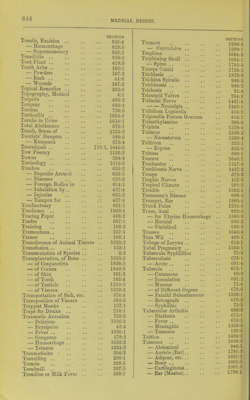 C44 MEDICAL DIGEST. Tonsils, Excision .. SECTION 829:4 — Hmmorrhago 829:5 — Supernumerary 828:2 Tonsillitis .. 828:3 Toot Plant .. 419:5 Tooth Ache .. 105:1 — Powders 107:2 — Eash .. 44:6 — AV ounds 107:2 Topical Eemedies .. 202:6 Topography, Medical 4:1 Torpedo 496:2 Torquay 680:4 Torsion .. 720:3 Torticollis .. 1693:5 Torulcc in Urine 1034:1 Total Abstinence .. 576:1 Touch, Sense of 1233:3 Tourists’ Dangers .. 580:5 — Knapsack 573:4 Tourniquet .. 719:1, 1645:5 Tow Pessary 1136:3 Towns 204:4 Toxicology .. 1615:5 Trachea 625:2 — Deposits Around 625:5 — Diseases 625:3 — Foreign Bodies in 614:1 — Inhalation by.. 437:4 — Injuries 625:2 — Tampon for .. 437:4 Tracheotomy 621:1 Trachoma 1829:1 Tracing Paper 316:2 Trades 567:1 Training 198:3 Tramontana.. 257:4 Trance 196:1 Transference of Animal Tissues .. 1639:2 Transfusion .. .. .. 152:1 Transmutation of Species .. 3:2 Transplantation, of Bone .. 1655:3 — of Conjunctiva 1836:5 — of Cornea 1849:5 — of Skin 161:2 — of Teeth 103:4 — of Testicle 1219:5 — of ATscera 1639:3 Transportation of Sick, etc. 574:4 Transposition of Viscera .. 582:6 Trappist Monks 127:1 Traps for Drains .. 210:1 Traumatic Aneurism 723:6 — DeErmm .. 1636:2 — Erysipelas ;. 42:4 — Fever .. 1636:1 — Gangrene 178:2 — Ilocmorrhage .. 1633:2 — Tetanus 1324:2 Traumaticine - 394:2 Travelling .. 200:1 Treacle 328:5 Treadmill .. 207:3 Trembles or Milk Fever .. 638:1 SECTION -I-remors 1290:4 — ConvuUive 1299:1 Trephine 1684:3 Trephining Skull .. .. .. 1684:1 — Spine 1703:3 Triceps Cubiti 1728:2 Trichiasis .. .. .. .. 1879:6 Trichina Spiralis 940:2 Trichinosis .. .. .. .. 940:2 Trichosis .. ., .. .. 21:4 Tricuspid Valves 764:3 Trifacial 24erve .. .. .. 1437:4 Neuralgia 1243:1 Trifolium Lupinella .. .. 415:2 Trigonella Fanum Gicccum .. 414:1 Tiimethylamino .. .. .. 308:6 Triplets 1578:4 Trismus .. .. .. .. 1330:2 — Neonatorum .. .. .. 1330:4 Triticum .. .. .. 323:1 — Rcpens .. .. .. 322:6 Tritons .. .. _ .. .. 506:1 Trocars .. .. .. .. 1646:1 Trochanter .. .. .. .. 1757:4 Trochlearis Nerve .. .. .. 1437:3 Troops .. .. .. .. 573:3 Trophic Nerves .. ., .. 157:o Tropical Climate .. .. .. 201:2 Trouble .. .. ;. .. 1363:1 Trousseau’s Disease .. .. 608:1 Trumpet, Ear .. .. .. 1805:4 Ti-unk Pams .. .. .. 1234:5 Truss, Anal .. .. .. 892:5 — for Uterine Hccmorrhage .. 1585:3 — Hernial .. .. .. 953:2 — Umbilical .. .. 956:6 Trusses .. ., .. .. 1645:5 Tsau Wii .. .. .. 469:1 Tuhage of Larynx .. .. .. 613:1 Tubal Pregnancy .. .. .. 1554:1 Tubercula Syphilitica .. .. 71:5 Tuberculosis .. .. .. 675:1 — Acute .. .. .. .. 691:4 Tubercle .. .. .. .. 675:1 — Cutaneous .. .. .. 69:3 — Inoculation .. .. .. • 681:2 — Mucous .. .. .. 71:4 — of Different Organs .. .. 676:6 — Painful Subcutaneous .. 1338:1 — Eetrograde .. .. .. 676:3 — Syphilitic .. .. .. 71:5 Tubercular Arthritis .. .. 688:3 — Diathesis .. .. .. — Fever .. .. .. .. 675:3 — Meningitis .. .. .. 1355:5 — Tumours .. .. .. 129:5 Tuition .. .. .. .. 1524:1 Tumours .. .. .. 1658:3 — Abdominal .. .. .. 616:1 — Auricle (Ear).. .. .. 1791:3 — Adipose, etc. .. .. 1661:1 — Bony .. .. .. • • 1661:5 — Cartilaginous.. .. .. 1661:5 — Ear (Meatus).. .. .. 1796:1