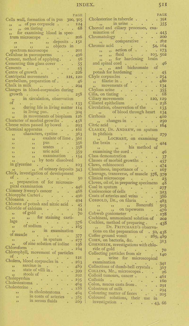 PAGE 300, 305 124 . 68 Cells wall, formation of in pus ,, ,, of pus corpuscle . „ ,, on tinting ,, for examining blood in spec- trum microscope „ ,, ,, deposits . ,, ,, ,, objects in spectrum microscope Cellulose in psorosperms Cement, method of applying. Cementing thin glass cover Cements ..... Centre of growth .... Centripetal movements . 121, Cerebellum, preparation of . Chalk in milk Changes in blood-corpuscles during growth ,, in circulation, observation of ,, during life in living matter 114 ,, in living pus. „ in movements of bioplasm Character of morbid growths . Cheese mites passed by bowel Chemical apparatus ,, characters, cystine ,, „ oxalate of lime. >» ,, pus ,, ,, urates ,, ,, uric acid ,, ,, examination ,, ,, by tests dissolved in glycerine . . . .103 ,, ,, of urinary deposits 343 Chick, investigation of development of . ,, preparation of for microsco pical examination Chimney Sweep’s cancer Chionyphe Carteri. Chloasma Chlorate of potash and nitric acid Chloride of calcium „ of gold . >> ,, for staining carti luge . ,, of sodium >> ,> in examination of muscle .... >> ,, in sputum ,, of zinc solution of iodine Chloroform . Chlorophyll, movement of particles of . Cholera, blood corpuscles in . „ sarcinae in ,, state of villi in . ,, stools of . Cholepyrrhin Cholesteatoma . Cholesterine .... ,, in cholesteatoma „ in coats of arteries „ in serous fluids 206 151 201 496 56 55 55 226 120 46 294 258 i33 304 126 458 293 161 363 361 356 358 359 i54 5o 446 468 496 494 45 54 70 376 165 377 277 198 164 121 263 4S9 399 292 195 464 1S8 464 385 269 Cholesterine in tubercle PAGE • 391 ,, in urine . . -355 Choroid and ciliary processes, exa- mination of .... 443 Chromatology .... 200 ,, comparative . . 202 Chromic acid . . . 54, 164 ,, ,, action of . . . 173 „ ,, fluid . . 103, 502 ,, ,, for hardening brain and spinal cord . . . .46 ,, ,, and bichromate of potash for hardening . . 45 Chyle corpuscles .... 254 ,, filarise in . . . . 480 ,, movements of . . . 134 Chylous urine .... 355 Cilia, on tinting . . . .68 Ciliary movements . . 120, X29 Ciliated epithelium . . . 238 Circulation, observation of the . 133 ,, of blood through heart 134 Cirrhosis ..... 410 „ changes in . . . 250 Citric acid ..... 164 Clarke, Dr. Andrew, on sputum in phthisis .... 279 ,, Lochart, on examining the brain 424 ,, ,, his method of examining the cord ... 46 Class demonstration . . -37 Classes of morbid growths . . 457 Claws, echinococci . . . 474 Cleanliness, importance of . . 167 Cleavage, transverse, of muscle 378, 379 Clinical microscope ... 23 Cloves, oil of, in preparing specimens 48 Coal in sputum .... 277 Coalescence of cells . . . 323 Coats of arteries and veins . . 386 Cobbold, Dr., on filaria . . 483 ,, ,, ,, Bancrofti 503 ,, ,, on tapeworm . 476 Cobweb goniometer . . .178 Cochineal, ammoniacal solution of 202 Cochlea, method of preparing . . 438 ,, Dr. Pritchard’s observa- tions on the preparation of . 50, 438 Coffee ground vomit . . 289, 489 Cohn, on bacteria, &c. . . 313 Cohnheim, investigations with chlo- ride of gold . . . .70 Collecting particles from air . 140 „ urine for microscopical examination .... 341 Collections of dumb-bell crystals . 367 Collins, Mr., microscopes. . 26 Colloid tumours, cancer . . . 461 Colloids 160 Colon, mucus casts from . . .291 Colostrum of milk . . . 294 Colouring matter of faeces . • . 205 Coloured solutions, their use in investigation . . . . 43, 66