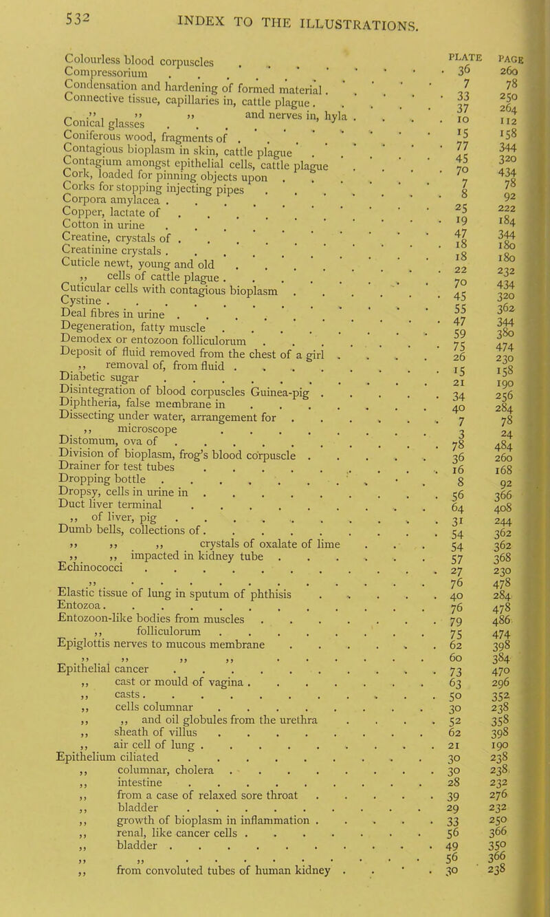 Colourless blood corpuscles Compressorium Condensation and hardening of formed material. Connective tissue, capillaries in, cattle plague . n . , ” >> and nerves in, hy Conical glasses Coniferous wood, fragments of . Contagious bioplasm in skin, cattle plague ' Contagium amongst epithelial cells, cattle plague Cork, loaded for pinning objects upon . Corks for slopping injecting pipes Corpora amylacea .... Copper, lactate of . . Cotton in urine Creatine, crystals of . Creatinine crystals .... Cuticle newt, young and old ,, cells of cattle plague . Cuticular cells with contagious bioplasm Cystine Deal fibres in urine .... Degeneration, fatty muscle .... Demodex or entozoon folliculorum . Deposit of fluid removed from the chest of a gir ,, removal of, from fluid . Diabetic sugar Disintegration of blood corpuscles Guinea-pig Diphtheria, false membrane in Dissecting under water, arrangement for ,, microscope .... Distomum, ova of .... Division of bioplasm, frog’s blood corpuscle . Drainer for test tubes .... Dropping bottle Dropsy, cells in urine in . Duct liver terminal ,, of liver, pig . . , Dumb bells, collections of. >> jj ,, crystals of oxalate of ,, ,, impacted in kidney tube Echinococci .... Elastic tissue of lung in sputum of phthisis Entozoa Entozoon-like bodies from muscles ,, folliculorum Epiglottis nerves to mucous membrane Epithelial cancer ..... ,, cast or mould of vagina . ,, casts ,, cells columnar .... ,, ,, and oil globules from the urethra ,, sheath of villus .... ,, air cell of lung .... Epithelium ciliated ..... ,, columnar, cholera ,, intestine ..... ,, from a case of relaxed sore throat ,, bladder ..... ,, growth of bioplasm in inflammation ,, renal, like cancer cells . ,, bladder im from convoluted tubes of human kidney PLATE page • 36 260 7 78 • 33 250 37 264 . 10 112 15 158 • 77 344 45 320 • 7o 434 7 78 . 8 92 25 222 • i9 184 47 344 . 18 180 18 180 . 22 232 70 434 • 45 320 55 362 • 47 344 59 380 • 75 474 26 230 158 21 190 • 34 256 40 284 - 7 78 3 24 • 78 484 36 260 •. 16 168 8 92 • 56 366 64 408 • 3i 244 362 54 362 57 368 230 76 478 . 40 284 76 478 • 79 4S6 75 474 . 62 398 60 3S4 • 73 470 63 296 • 5o 352 30 238 • 52 358 62 398 190 30 238 • 30 238 28 232 • 39 276 29 232 • 33 250 56 366 350 56 366 • 30 238