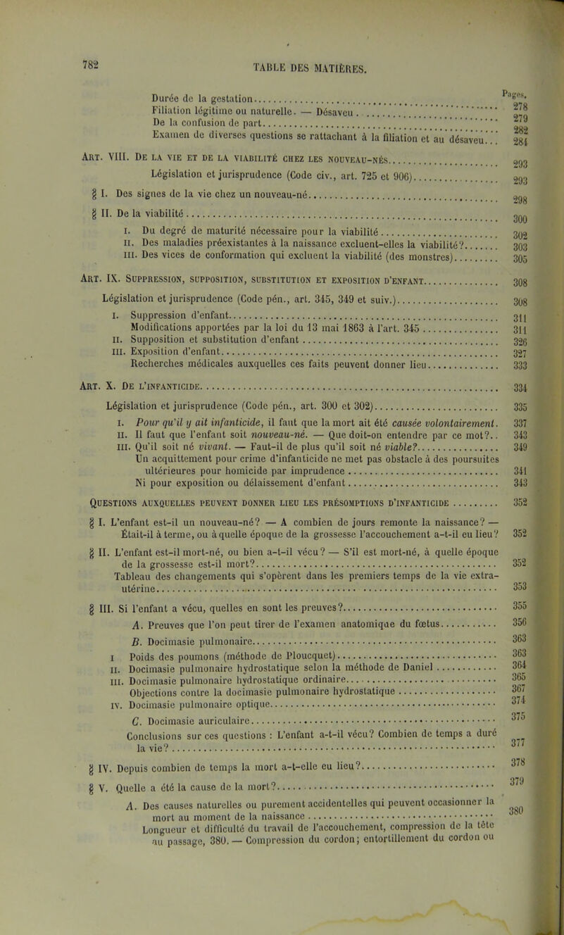 Durée de la gestation Filiation légitime ou naturelle. — Désaveu . De la confusion de part Examen de diverses questions se rattachant à la filiation cVau'désaveu Art. VIII. De la vie et de la viabilité chez les nouveau-nés Législation et jurisprudence (Code civ., art. 725 et 906) g I. Des signes de la vie chez un nouveau-né g II. De la viabilité I. Du degré de maturité nécessaire pour la viabilité II. Des maladies préexistantes à la naissance excluent-elles la viabilité? ! III. Des vices de conformation qui excluent la viabilité (des monstres) Art. IX. Suppression, supposition, substitution et exposition d’enfant Législation et jurisprudence (Gode pén., art. 3-i5, 349 et suiv.) I. Suppression d’enfant Modifications apportées par la loi du 13 mai 1863 à l’art. 345 II. Supposition et substitution d’enfant III. Exposition d’enfant Recherches médicales auxquelles ces faits peuvent donner lieu Art. X. De l’infanticide Législation et jurisprudence (Code pén., art. 30ü et 302) I. Pour qu'il y ait infanticide, il faut que la mort ait été causée volontairement. II. Il faut que l’enfant soit nouveau-né. — Que doit-on entendre par ce mot?.. III. Qu’il soit né vivant. — Faut-il de plus qu’il soit né viable? Un acquittement pour crime d’infanticide ne met pas obstacle à des poursuites ultérieures pour homicide par imprudence Ni pour exposition ou délaissement d’enfant Questions auxquelles peuvent donner lieu les présomptions d’infanticide g I. L’enfant est-il un nouveau-né? — A combien de jours remonte la naissance? — Était-il à terme, ou à quelle époque de la grossesse l’accouchement a-t-il eu lieu? g II. L’enfant est-il mort-né, ou bien a-t-il vécu? — S’il est mort-né, à quelle époque de la grossesse est-il mort? Tableau des changements qui s’opèrent dans les premiers temps de la vie extra- utérine g III. Si l’enfant a vécu, quelles en sont les preuves? A. Preuves que l’on peut tirer de l’examen anatomique du fœtus B. Docimasie pulmonaire I Poids des poumons (méthode de Ploucquet) II. Docimasie pulmonaire hydrostatique selon la méthode de Daniel III. Docimasie pulmonaire hydrostatique ordinaire Objections contre la docimasie pulmonaire hydrostatique IV. Docimasie pulmonaire optique C. Docimasie auriculaire Conclusions sur ces questions : L’enfant a-t-il vécu? Combien de temps a duré la vie? g IV. Depuis combien de temps la mort a-t-clle eu lieu? g V. Quelle a été la cause de la mort? A. Des causes naturelles ou purement accidentelles qui peuvent occasionner la mort au moment de la naissance Longueur et difficulté du travail de l’accouchement, compression de la tête au passage, 38ü. — Compression du cordon; entortillement du cordon ou Pagp». 278 279 282 284 293 293 298 300 302 303 305 308 308 311 311 326 327 333 334 335 337 343 349 341 343 352 352 352 353 355 356 363 363 364 365 367 374 375 377 378 379 380