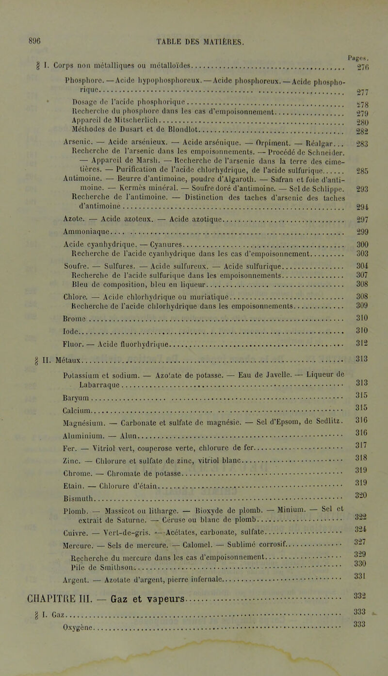 l’ages. § I. Corps non motolliqucs ou inclalloïdes 27P, Phosphore.—Acide hypophosphoreux. — Acide phospliorcux.— Acide phospho- riqiic 277 • Dosage de l’acide pliospliorique llecherche du phosphore dans les cas d’cinpoisonneinent 279 Appareil de Mitscherlich 2BÜ Méthodes de Dusart et de Blondlot 282 Arsenic. — Acide arsénieux. — Acide arsénique. — Orpiment. — Béalgar... 283 Recherche de l’arsenic dans les cmpoisotincrncnts.—Procédé de Schneider. — Appareil de Marsh. — Bccherche de l’arsenic dans la terre des cime- tières. — Purification de l’acide chlorhydrique, de l’acide sulfurique 285 Antimoine. — Beurre d’antimoine, poudre d’Algaroth. — Safran et foie d’anti- moine. — Kermès minéral. — Soufre doré d’antimoine. — Sel de Schlippe. 293 Recherche de l'antimoine. — Distinction des taches d’arsenic des taches d’antimoine 294 Azote. — Acide azoteux. — Acide azotique 297 Ammoniaque 299 Acide cyanhydrique. — Cyanures 300 Recherche de l’acide cyanhydrique dans les cas d’empoisonnement 303 Soufre. — Sulfures. — Acide sulfureux. — Acide sulfurique 304 Recherche de l’acide sulfurique dans les empoisonnements 307 Bleu de composition, bleu en liqueur 308 Chlore. — Acide chlorhydrique ou muriatique 308 Recherche de l’acide chlorhydrique dans les empoisonnements 309 Brome 310 Iode 310 Fluor. — Acide fluorhydriciue 312 § II. Métaux Potassium et sodium. — Azotate de potasse. — Eau de Javelle. — Liqueur de Labarraque Baryum Calcium Magnésium. — Carbonate et sulfate de magnésie. — Sel d’Epsom, de Sedlilz. Aluminium. — Alun Fer. — Vitriol vert, couperose verte, chlorure de fer Zinc. — Chlorure et sulfate de zinc, vitriol blanc Chrome. — Chromale de potasse Etain. — Chlorure d’étain Bismuth Plomb. — Massicot ou lilhargc. — Bioxyde de plomb. — Minium. — Sel et extrait de Saturne. — Céruse ou blanc de plomb Cuivre. — Vert-de-gris. *-Acétates, carbonate, sulfate Mercure. — Sels de mercure. — Calomel. — Sublimé corrosif. Recherche du mercure dans les cas d’empoisonnement Pile de Smithson Argent. — Azotate d’argent, pierre infernale 313 313 315 315 316 316 317 318 319 319 320 322 324 327 329 330 331 CHAPITRE III. — Gaz et vapeurs g I. Gaz O.xygène 332 333 . 333