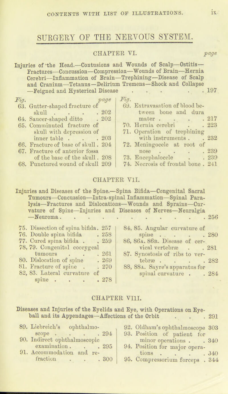 SURGEEY OE THE NERVOUS SYSTEM. CHAPTER VI. fage Injuries of 'the Head.—Contusions and Wounds of Scalp—Ostitis— Fractures—Concussion—Compression—Wounds of Brain—Hernia Cerebri—Inflammation of Brain—Trephining—Disease of Scalp and Craninm—Tetanus—Delirium Tremens—Shock and Collapse —Feigned and Hysterical Disease ... . . 197 F\g. page 63. Gutter-shaped fracture of skull . . . .202 61. Saucer-shaped ditto . 202 65. Comminuted fracture of skull with depression of inner table . . . 203 66. Fracture of base of skull. 204 67. Fracture of anterior fossa of the base of the skull. 208 68. Puuctured wound of skull 209 Fig. 69. Extravasation of hlood be- tween bone and dura mater .... 217 70. Hernia cerebri . . 223 71. Operation of trephining with instruments . . 232 72. Meningocele at root of nose .... 239 73. Encephalocele . . 239 7-1. Necrosis of frontal bone . 211 CHAPTER VII. Injuries and Diseases of the Spine.—Spina Bifida—Congenital Sacral Tumours—Concussion—Intra-spinal Inflammation—Spinal Para- lysis—Fractures and Dislocations—Wounds and Sprains—Cur- vature of Spine—Injuries and —Neuroma.... 75. Dissection of spina bifida. 257 76. Double spina bifida . 258 77. Cured spina bifida . , 259 78. 79. Congenital coccygeal tumonrs . . . 261 80. Dislocation of spine . 269 81. Fracture of spine . . 270 82. 83. Lateral curvature of spine .... 278 Diseases of Nerves—Neuralgia . . . . .256 84, 85. Angular curvature of spine .... 280 86, 86a. 86b. Disease of cer- vical vertebrae . . 281 87, Synostosis of ribs to ver- tebrae .... 282 88, 88a. Sayre’s apparatus for spinal curvature . . 284 CHAPTER VIII. Diseases and Injuries of the Eyelids and Eye, with Operations on Eye- ball and its Appendages—Affections of the Orbit . . . 291 89. Liebreich’s ophthalmo- scope .... 294 90. Indirect ophthalmoscopic examination. . . 295 91. Accommodation and re- fraction . . . 300 92. Oldham’s ophthalmoscope 303 93. Position of patient for minor operations . . 340 94. Position for major opera- tions .... 340 95. Compressorium forceps . 344