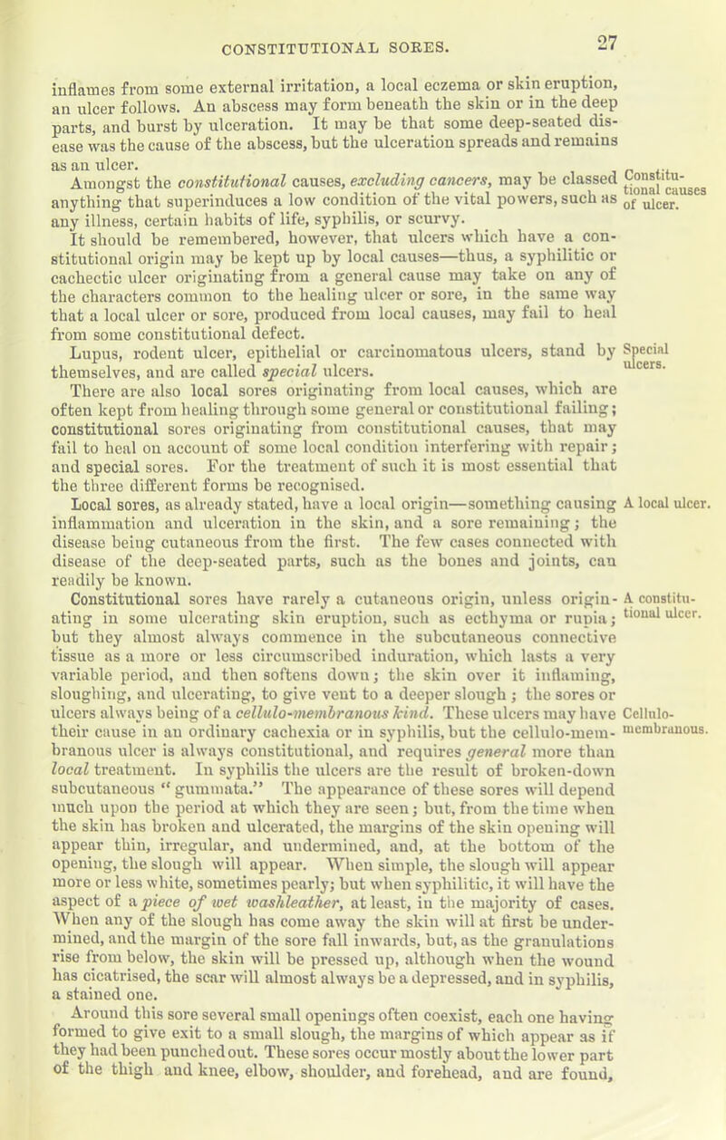 CONSTITUTIONAL SORES. inflames from some external irritation, a local eczema or skin eruption, an ulcer follows. An abscess may form beneath the skin or in the deep parts, and burst by ulceration. It may be that some deep-seated dis- ease was the cause of the abscess, but the ulceration spreads and remains as an ulcer. Amongst the constituHonal causes, excluding cancers, may be classed Lonsutu-^^^ anything that superinduces a low condition of the vital powers, such as any illness, certain habits of life, syphilis, or scurvy. It should be remembered, however, that ulcers which have a con- stitutional origin may be kept up by local causes—thus, a syphilitic or cachectic ulcer originating from a general cause may take on any of the characters common to the healing ulcer or sore, in the same way that a local ulcer or sore, produced from local causes, may fail to heal from some constitutional defect. Lupus, rodent ulcer, epithelial or carcinomatous ulcers, stand by Special themselves, and are called special ulcers. There are also local sores originating from local causes, which are often kept from healing through some general or constitutional failing; constitutional sores originating from constitutional causes, that may fail to heal on account of some local condition interfering with repair; and special sores. For the treatment of such it is most essential that the three different forms be recognised. Local sores, as already stated, have a local origin—something causing A local ulcer, inflammation and ulceration in the skin, and a sore remaining; the disease being cutaneous from the first. The few cases connected with disease of the deep-seated parts, such as the bones and joints, can readily be known. Constitutional sores have rarely a cutaneous origin, unless origin-A constitu- ating in some ulcerating skin eruption, such as ecthyma or rupia; ulcer, but they almost always commence in the subcutaneous connective tissue as a more or less circumscribed induration, which lasts a very variable period, and then softens down; the skin over it inflaming, sloughing, and ulcerating, to give vent to a deeper slough ; the sores or ulcers always being of a celliilo-membranous kind. These ulcers may have Ccllulo- their cause in an ordinary cachexia or in syphilis, but the cellulo-meiu- niembranous. branous ulcer is always constitutional, and requires general more than local treatment. In syphilis the ulcers are the result of broken-down subcutaneous “ gummata.” The appearance of these sores will depend much upon the period at which they are seen; but, from the time when the skin has broken and ulcerated, the margins of the skin opening will appear thin, irregular, and undermined, and, at the bottom of the opening, the slough will appear. When simple, the slough will appear more or less white, sometimes pearly; but when syphilitic, it will have the aspect of apiece of wet loashleather, at least, iu the majority of cases. When any of the slough has come away the skin will at first be under- mined, and the margin of the sore fall inwards, but, as the granulations rise from below, the skin will be pressed up, although when the wound has cicatrised, the scar will almost always be a depressed, and in syphilis, a stained one. Around this sore several small openings often coexist, each one having formed to give exit to a small slough, the margins of which appear as if they had been punched out. These sores occur mostly about the lower part of the thigh and knee, elbow, shoulder, and forehead, and are found.